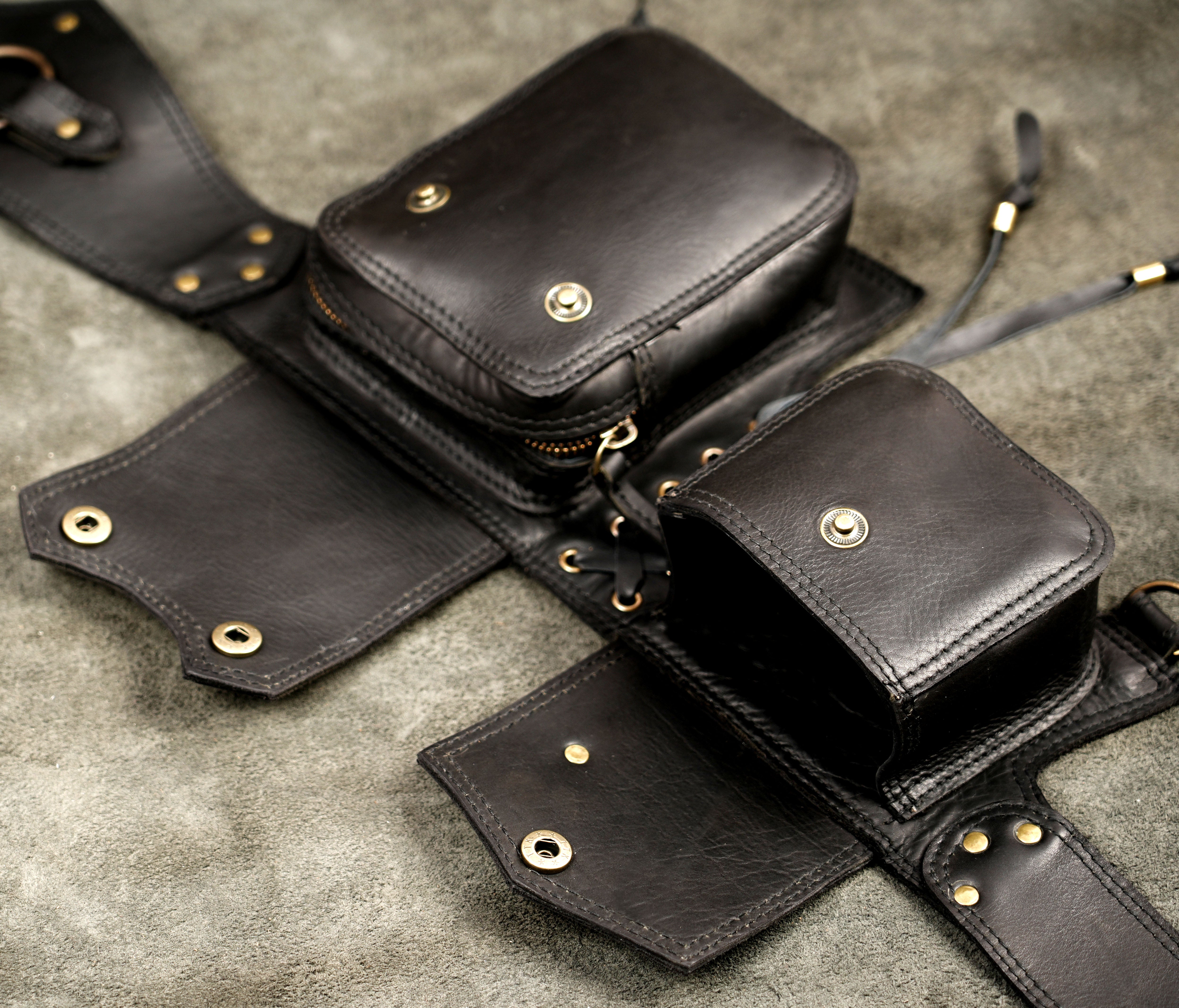 Black leather waist pack belt with zippered front pocket