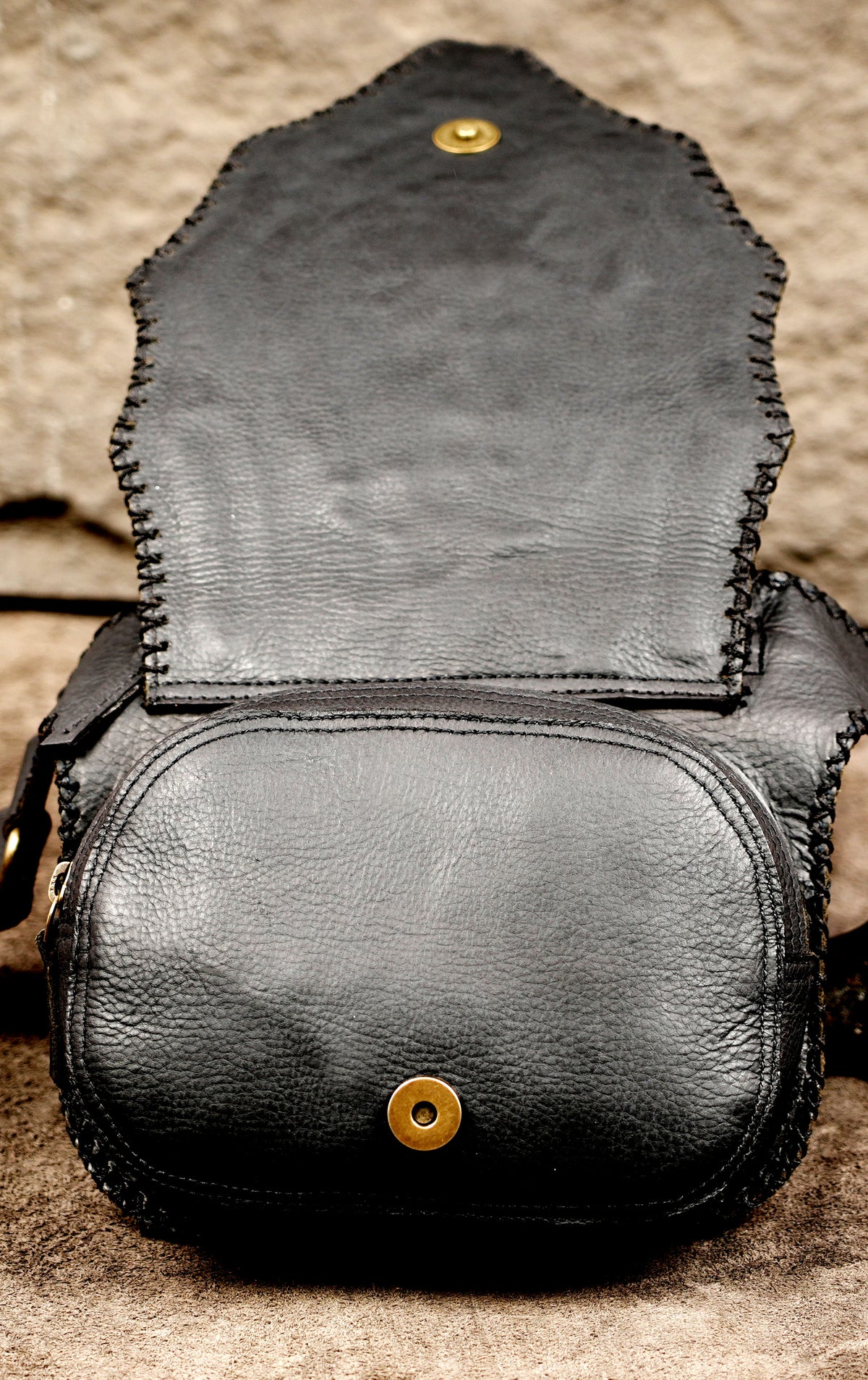 Black leather festival belt with decorative pouch