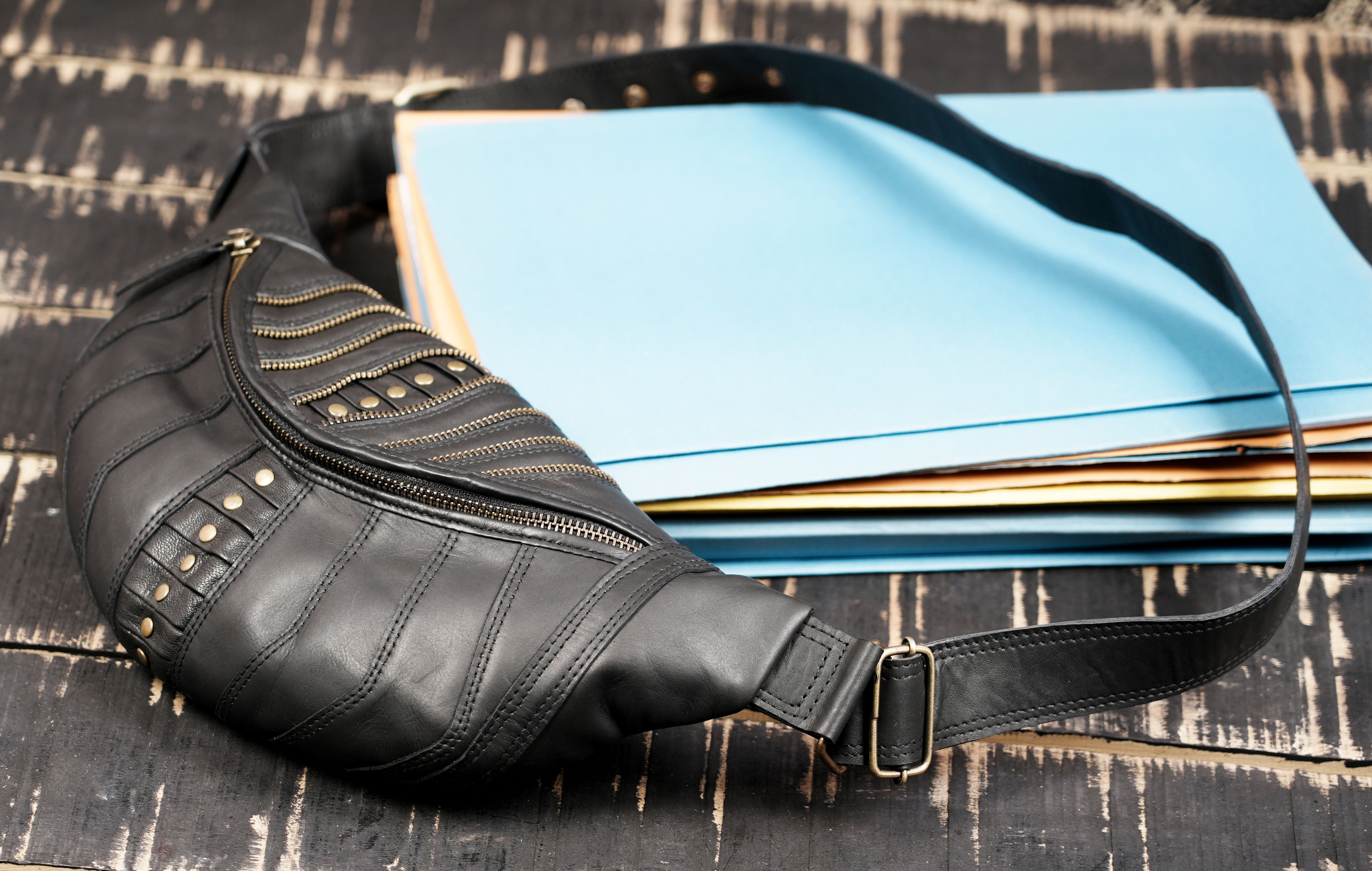 Handmade Black Leather Waist Shoulder Belt with Zipper Pouch || Leather Waist Shoulder Bag with Studded Detailing (LT/AB/SB/6011)