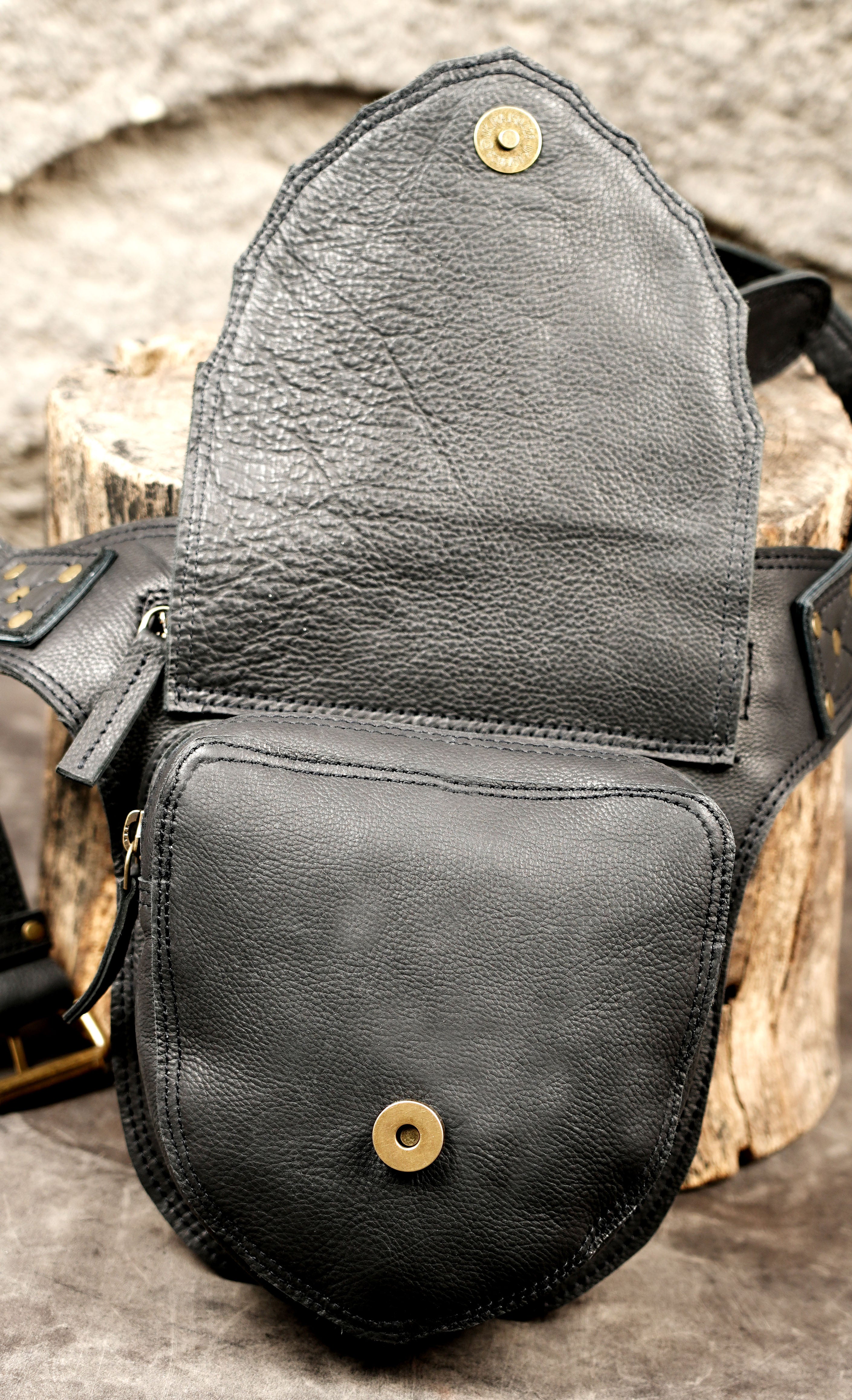 Genuine leather festival hip bag with brass hardware