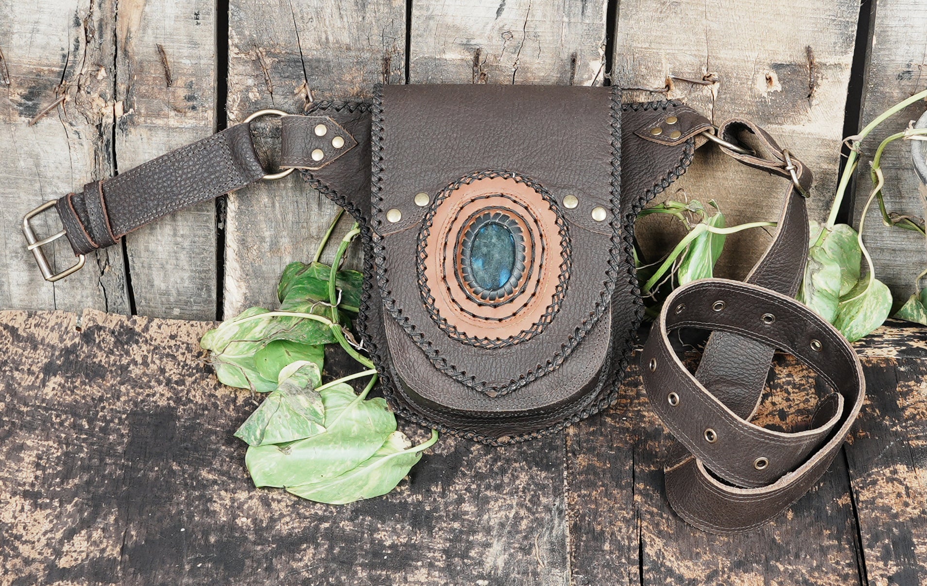 Handmade Leather Waist Belt with Front Pouch and Stone Detail || Leather Waist Belt Bag with Metal Hardware || Handmade Leather Waist Belt for Travel and Festivals (LT/AB/WB/6191)