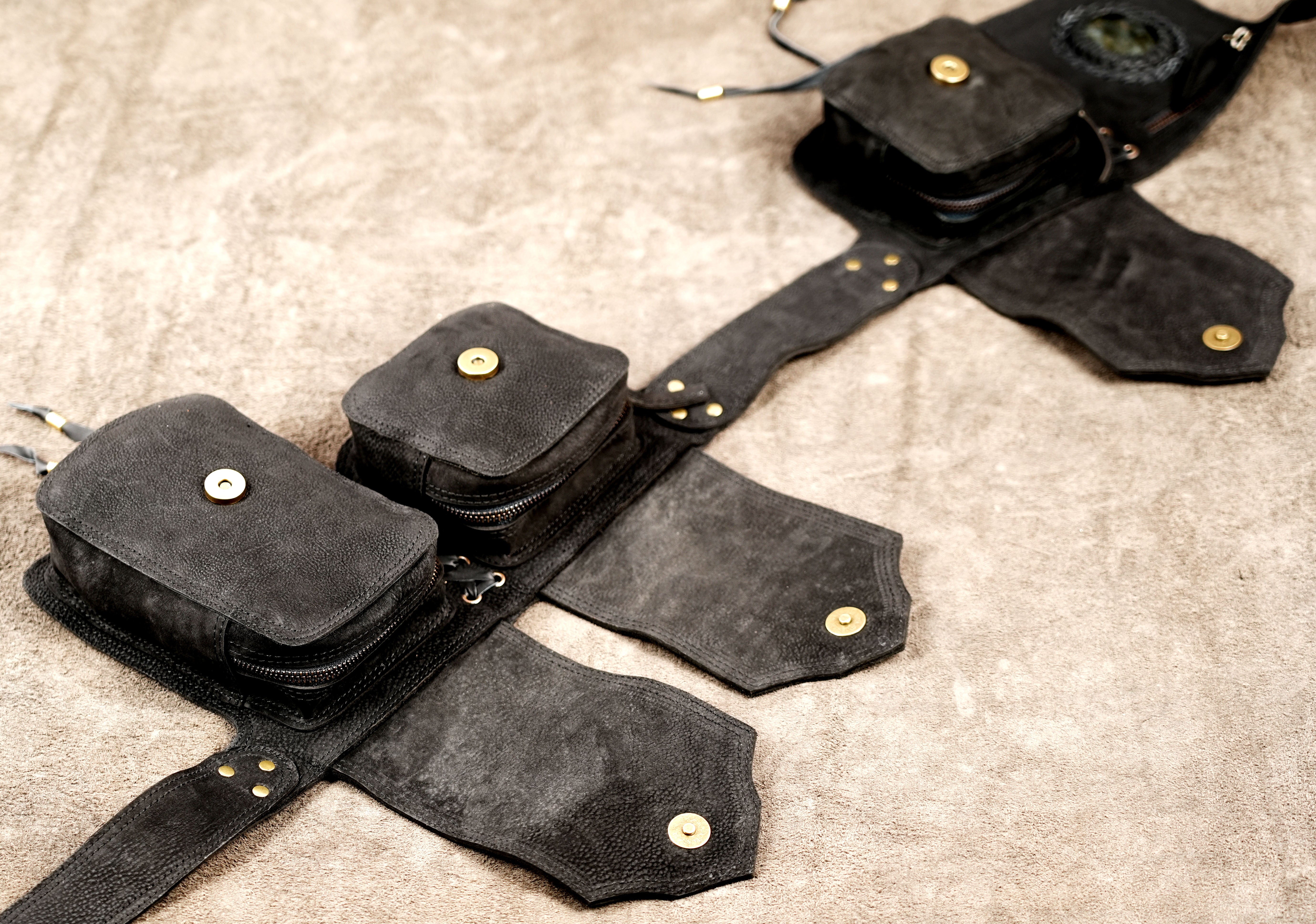 Leather tool belt style waist pouch with multiple compartments