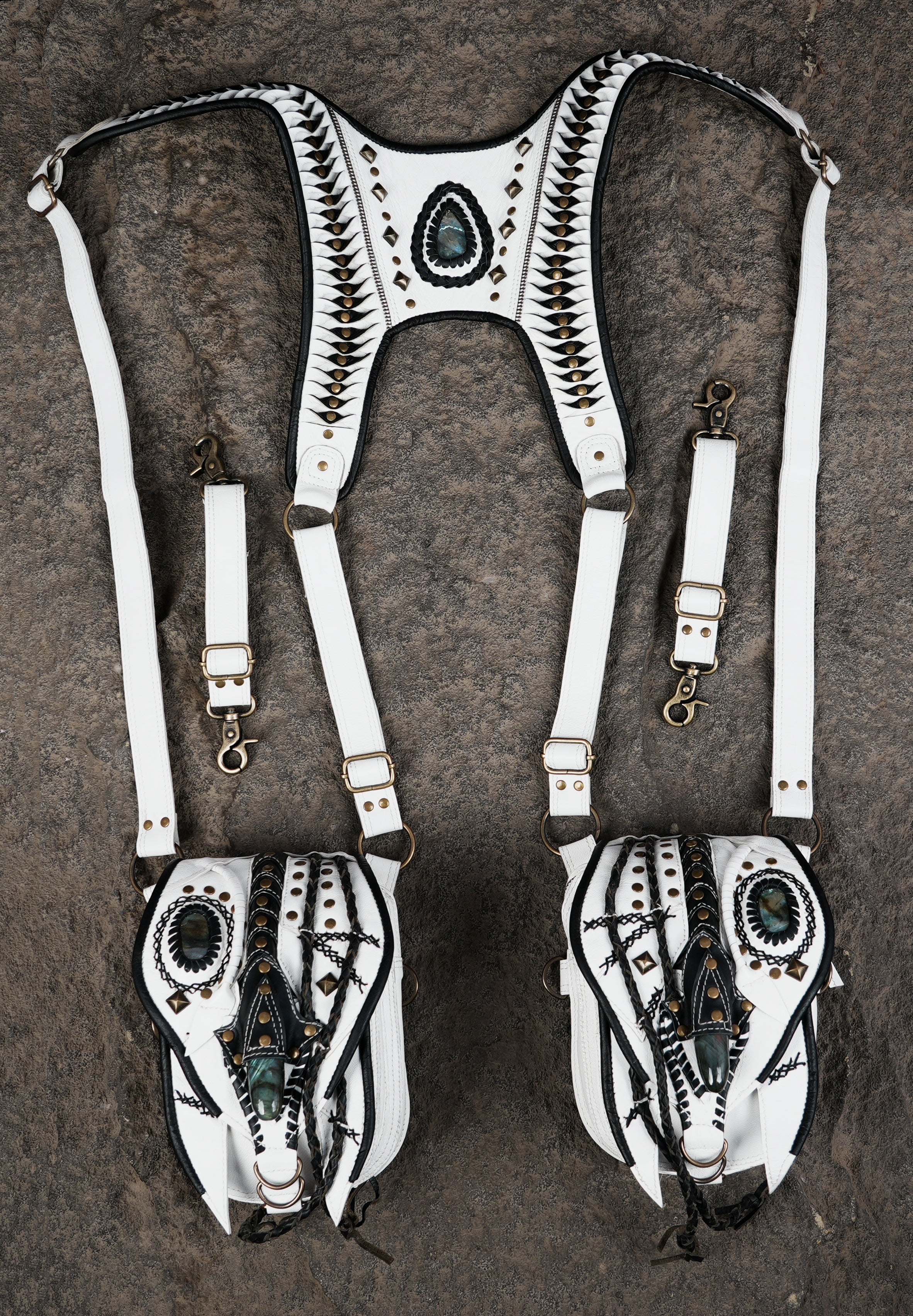 Unisex white holster harness with gemstone ornament