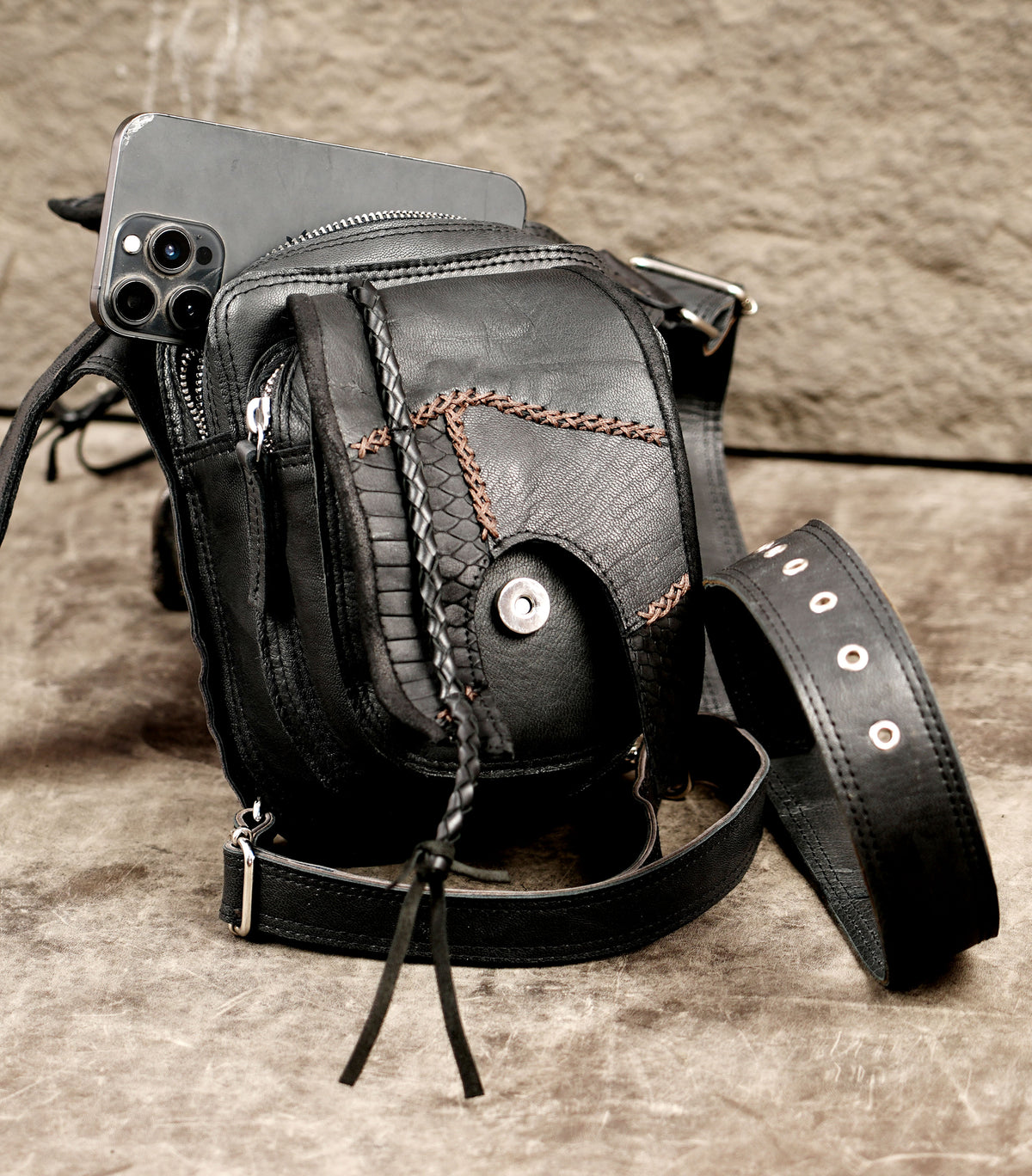 Functional black leather tactical waist bag and thigh strap set
