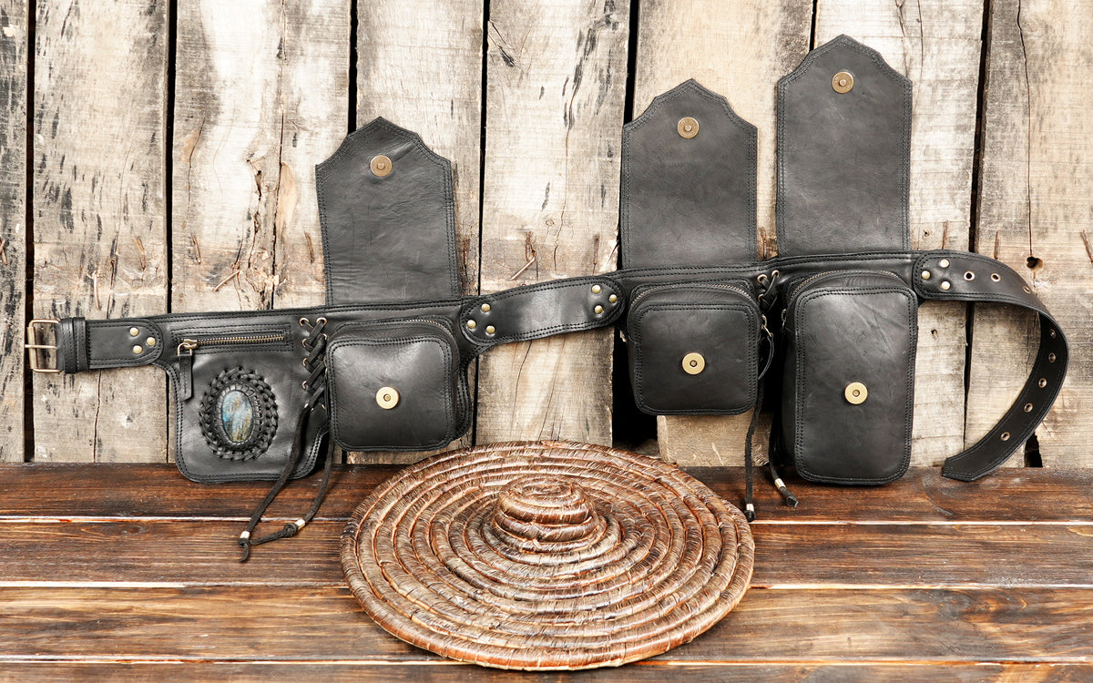 Black Leather Utility Hip Belt with Stone Accents and Brass Hardware