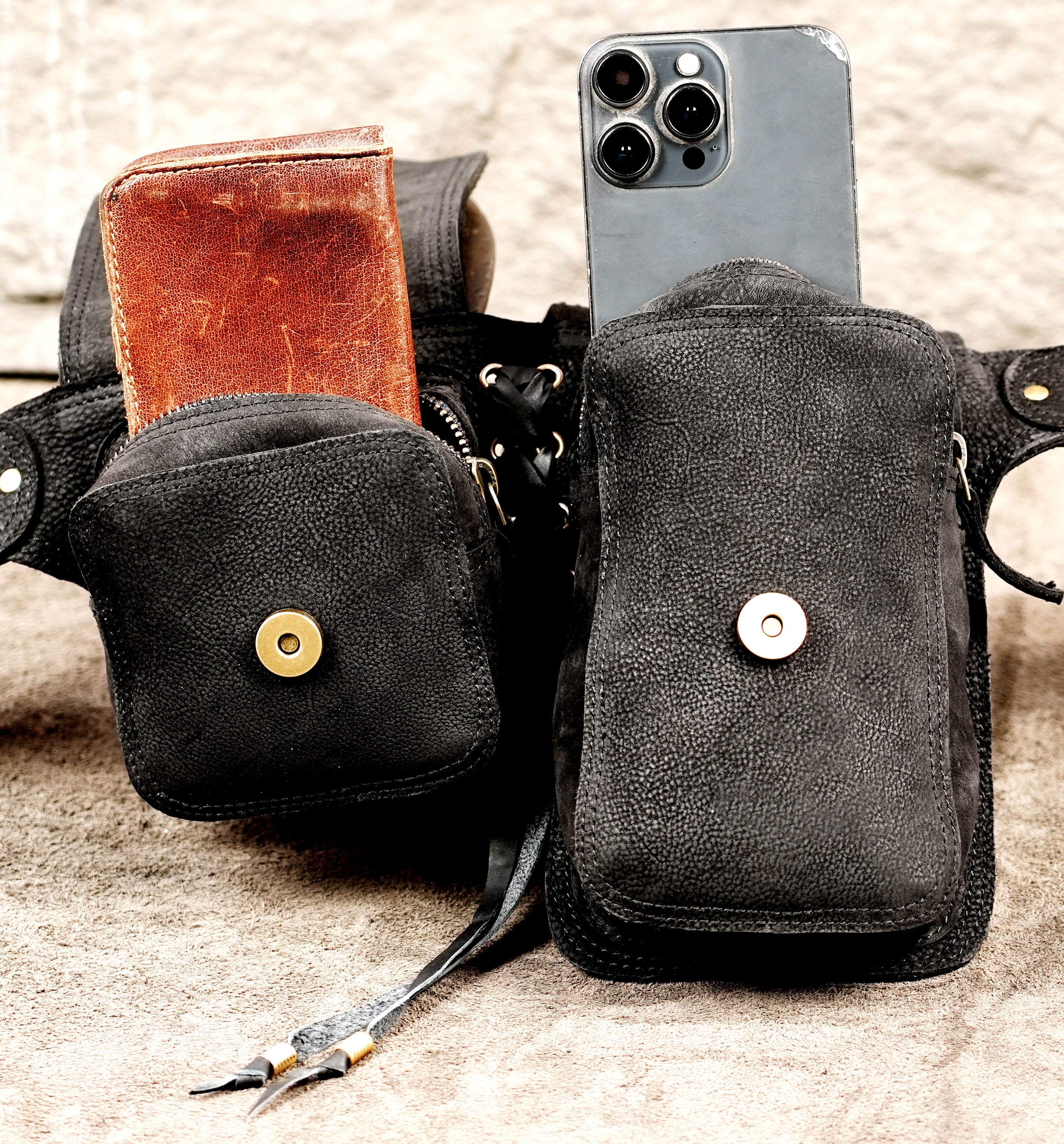 Rustic handmade leather utility belt with pouches