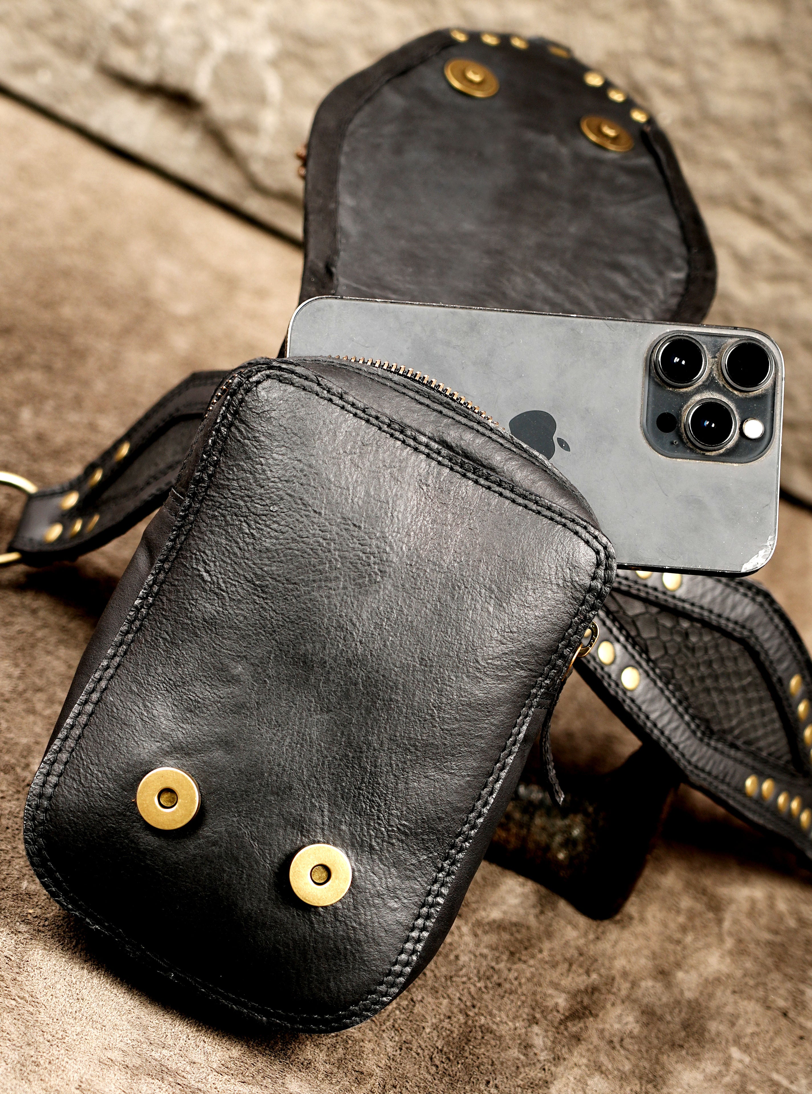 Adjustable leather hip bag with handcrafted textured leather design