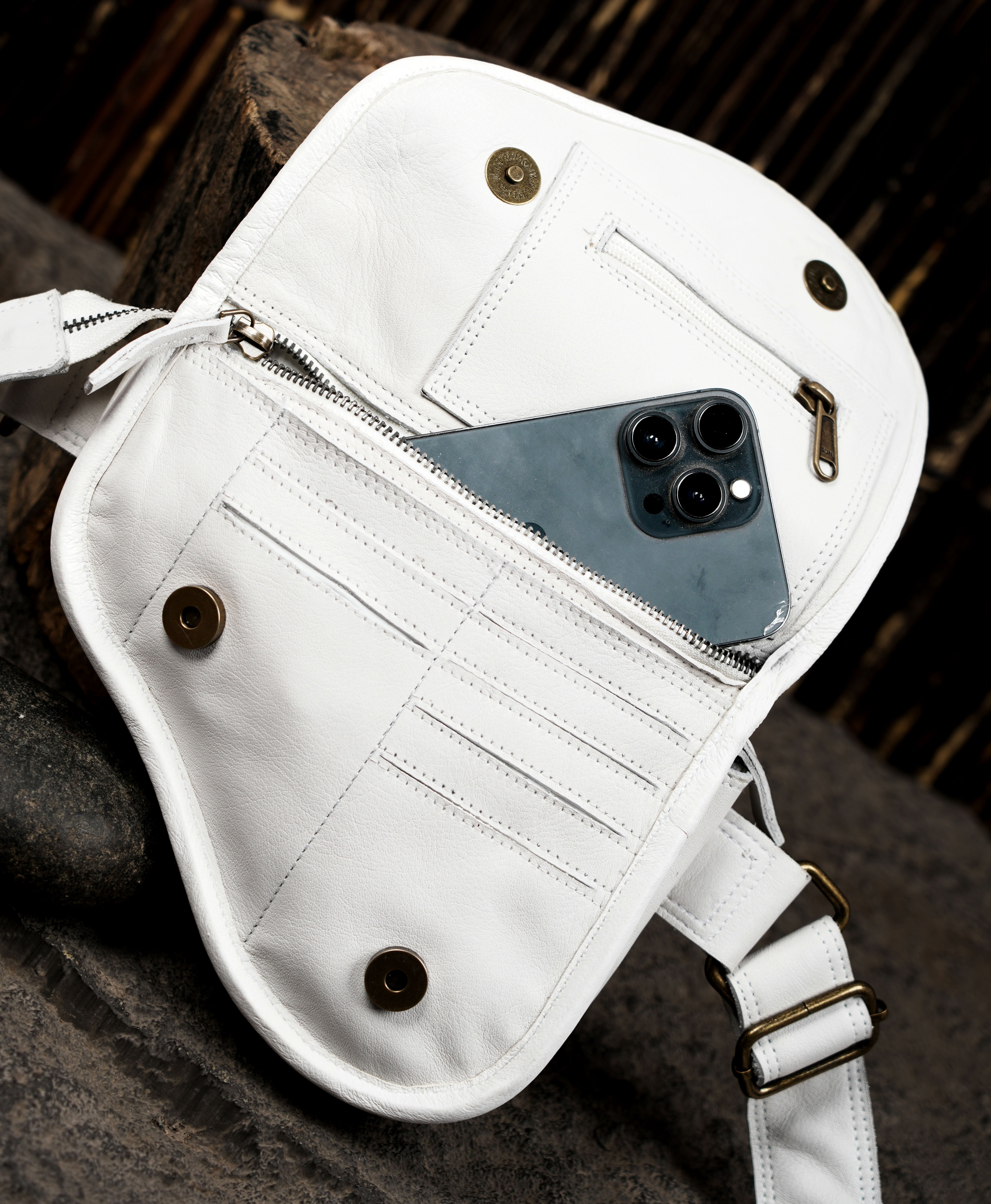 Genuine leather hip bag in white with labradorite centerpiece