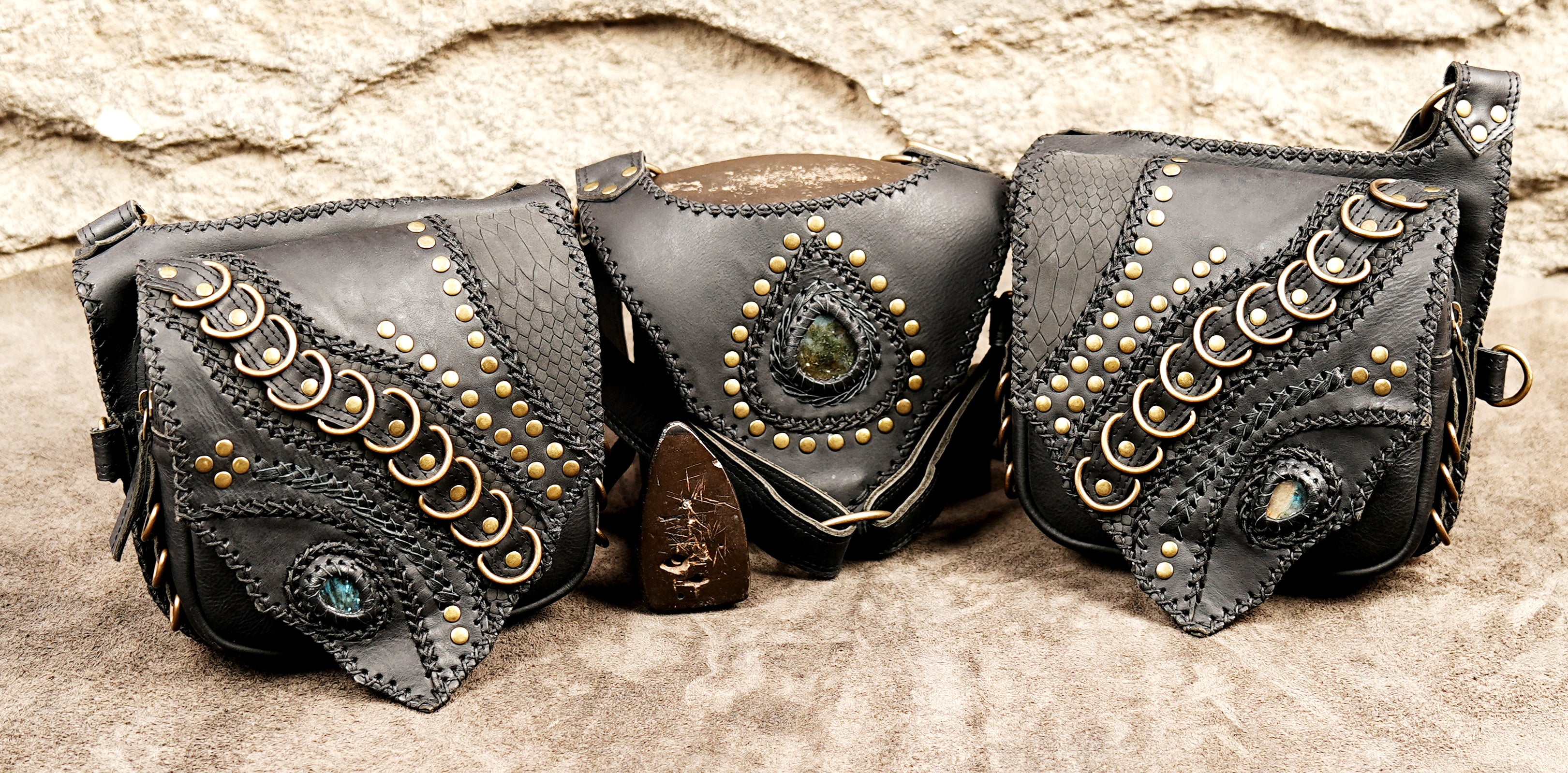 Biker style leather double pouch