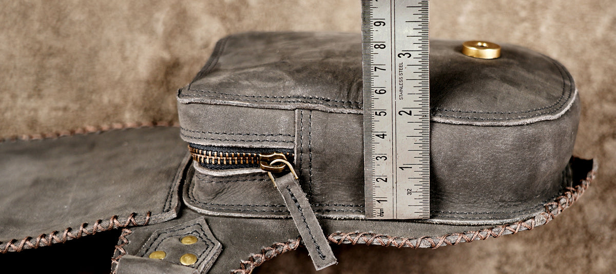 Black leather utility belt pouch with handcrafted decorative stitching