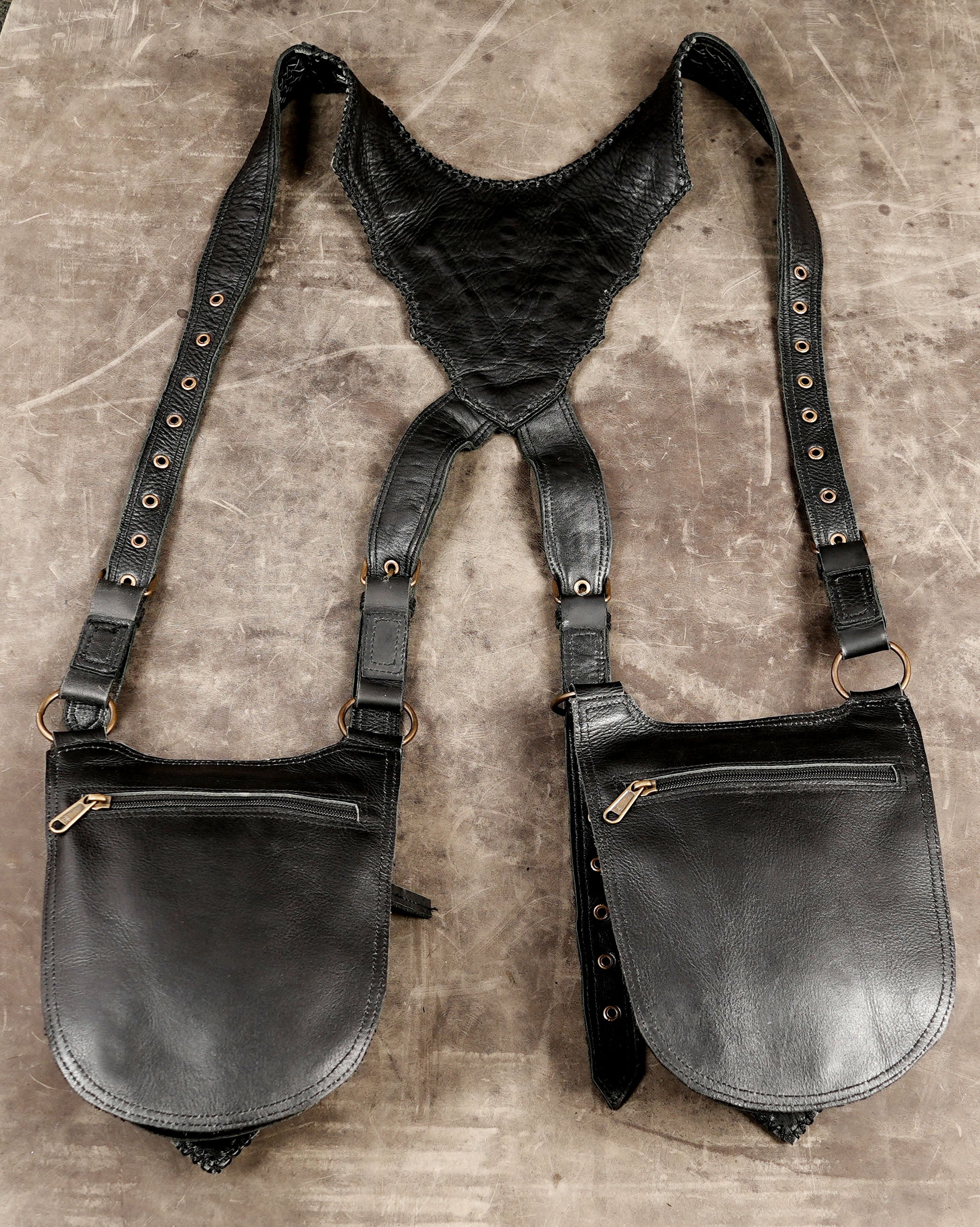 Unique bohemian leather body harness with utility pockets