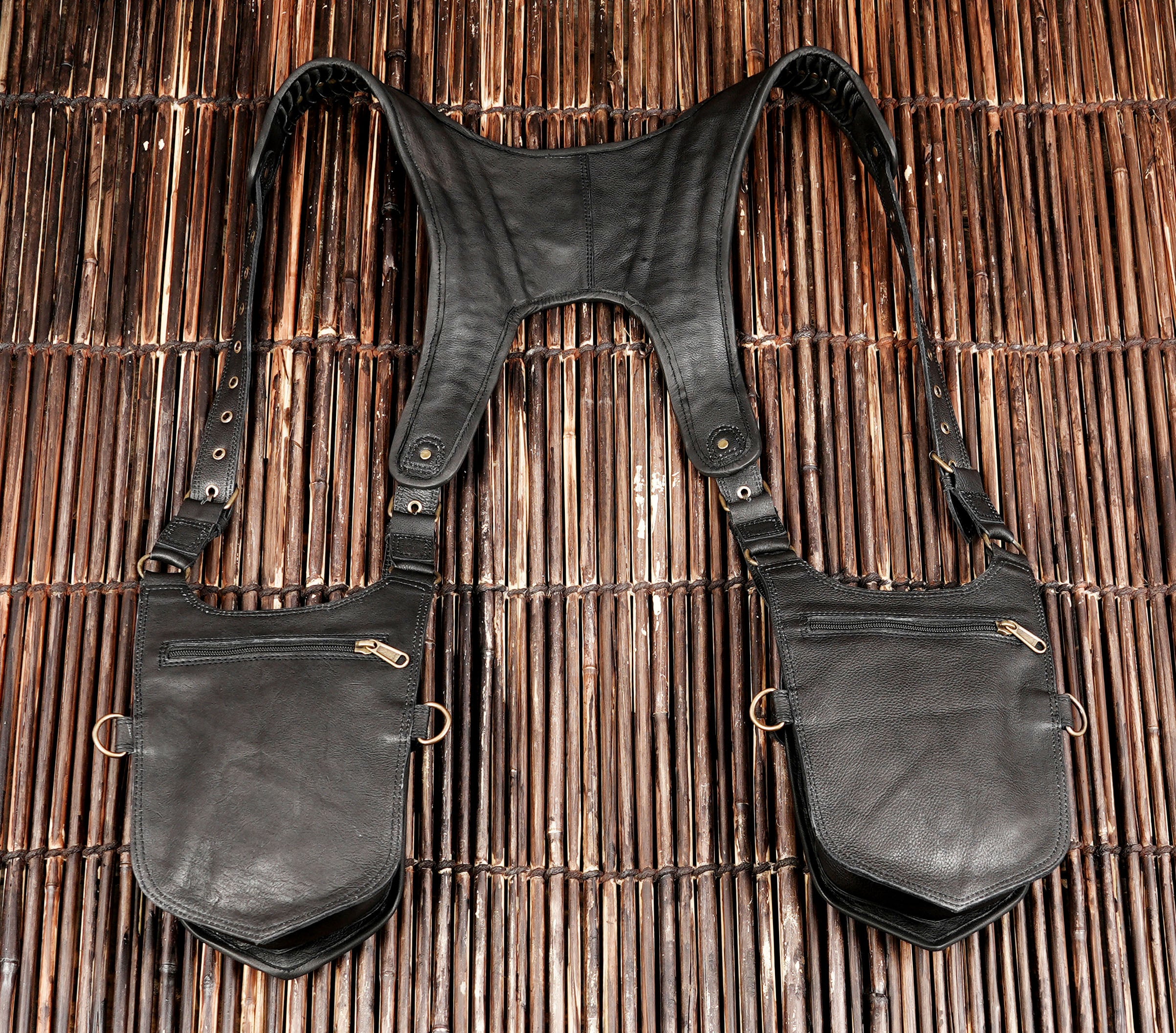 Handmade Black Leather Shoulder Holster Harness with Dual Utility Pouches | Adjustable Chest Rig | Gothic Steampunk Leather Holster (LT/AB/HLS/6053)