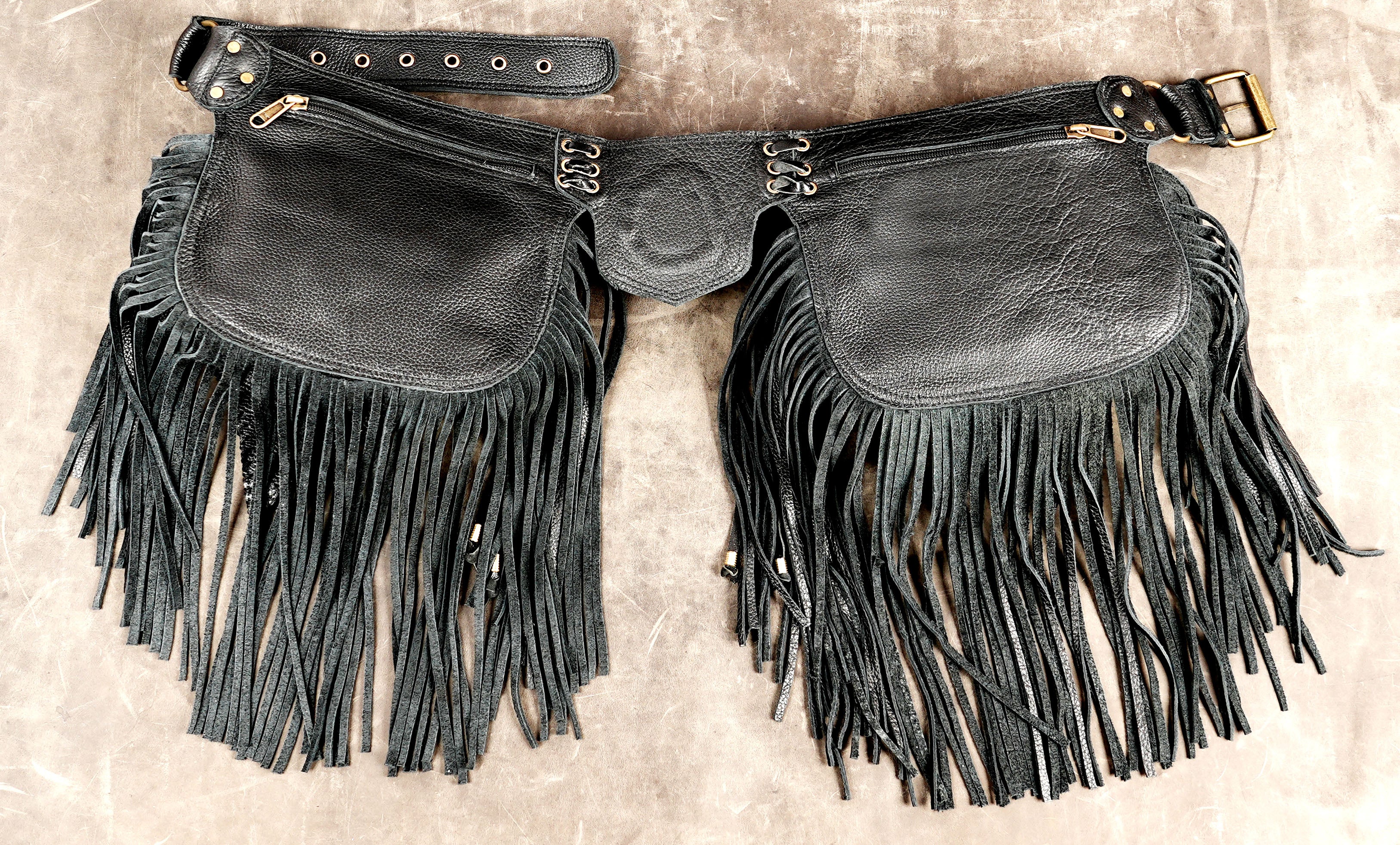 Decorative leather waist belt with long flowing fringe
