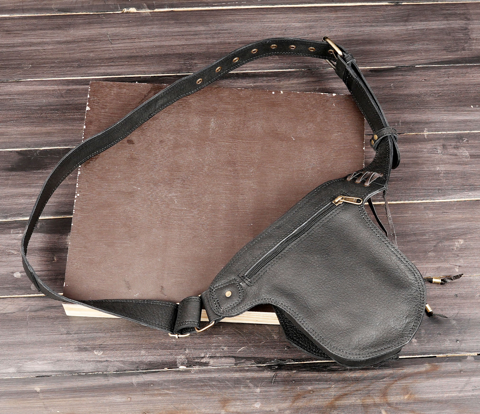 Handmade leather hip pouch close up