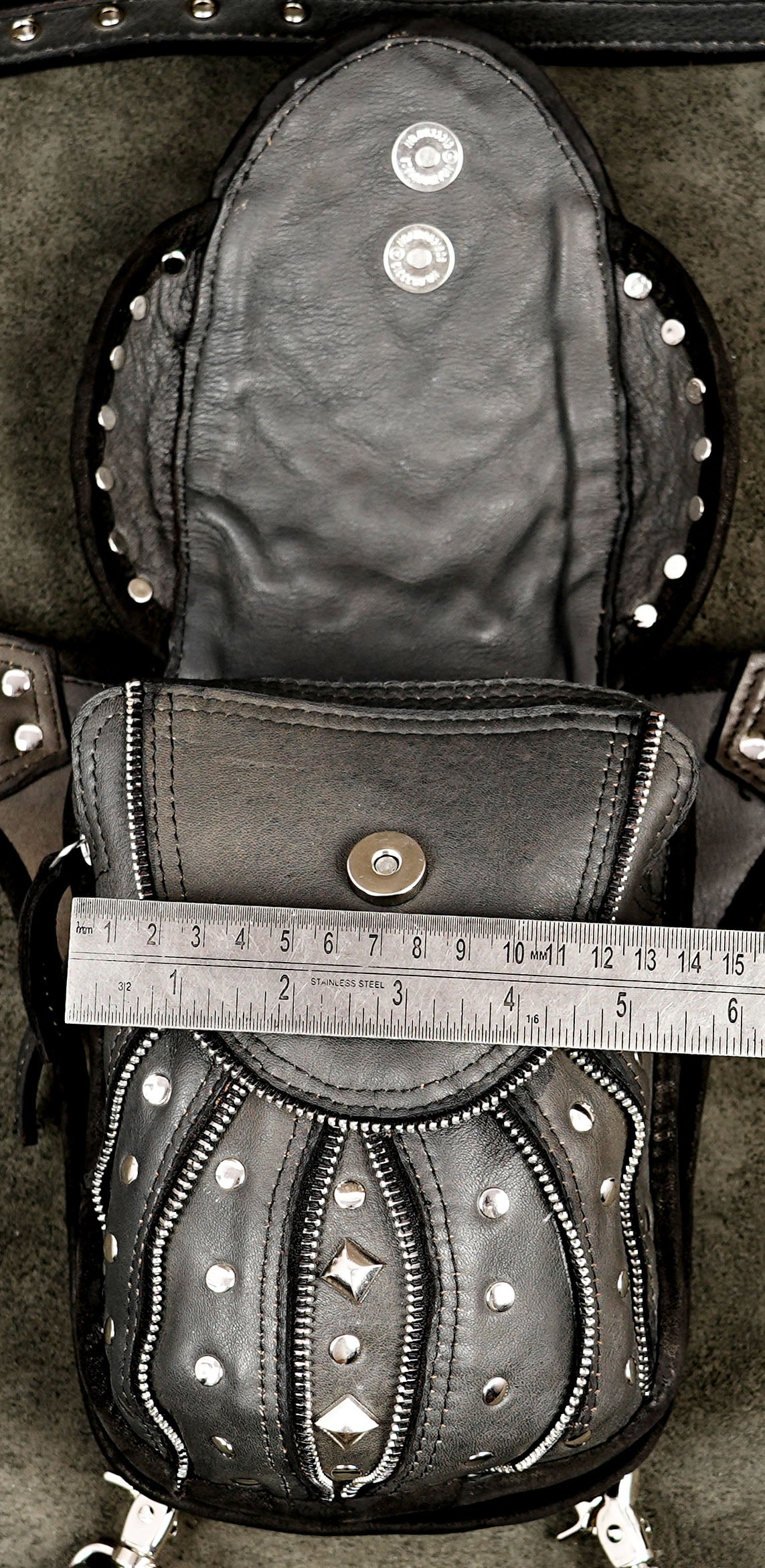Unisex Leather Waist and Thigh Bag with Labradorite, Diamond Studs and Nickel Silver Hardware