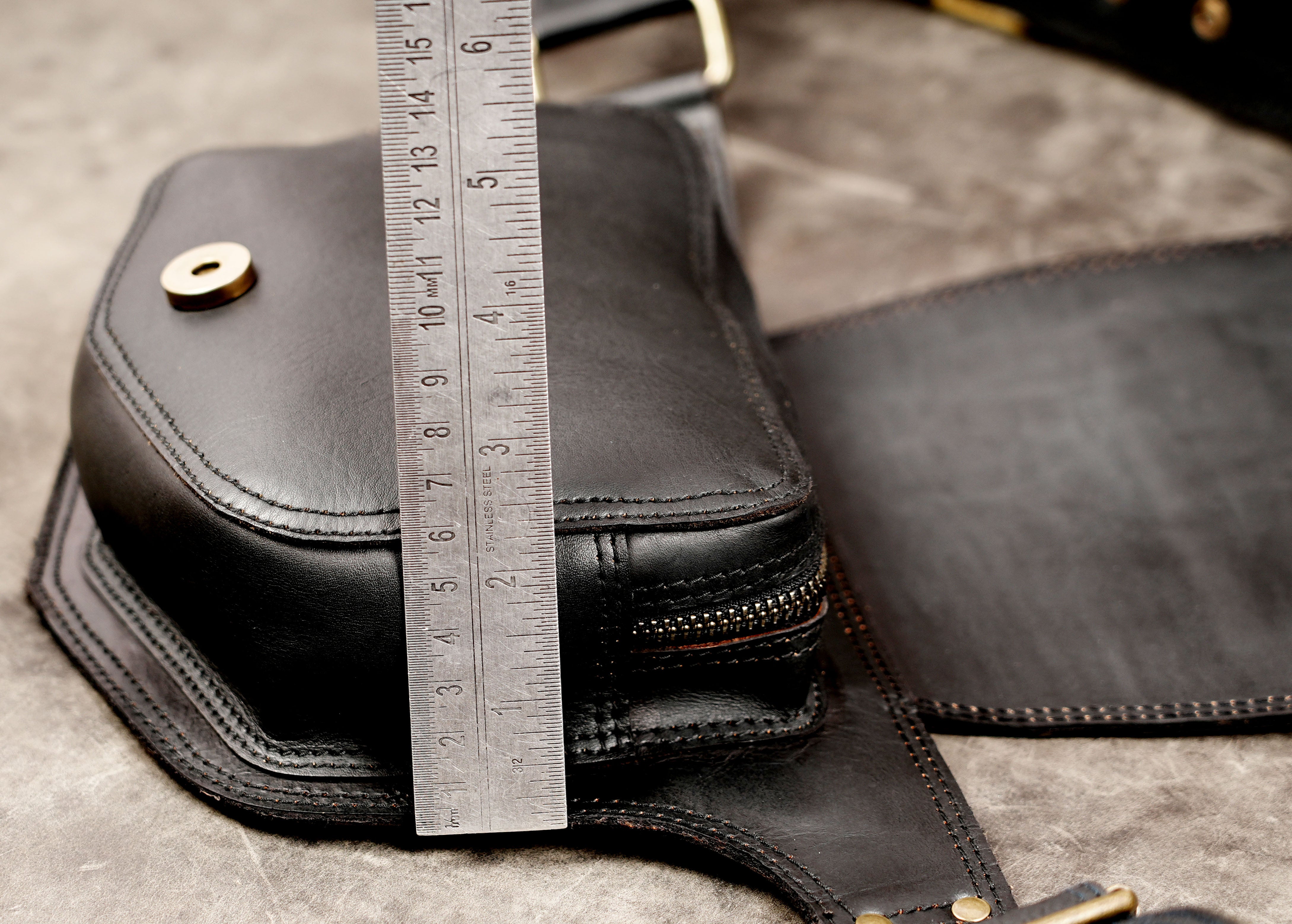 Handmade Black Leather Fanny Pack, Gothic Festival Hip Bag, Multi-Pocket Waist Bag