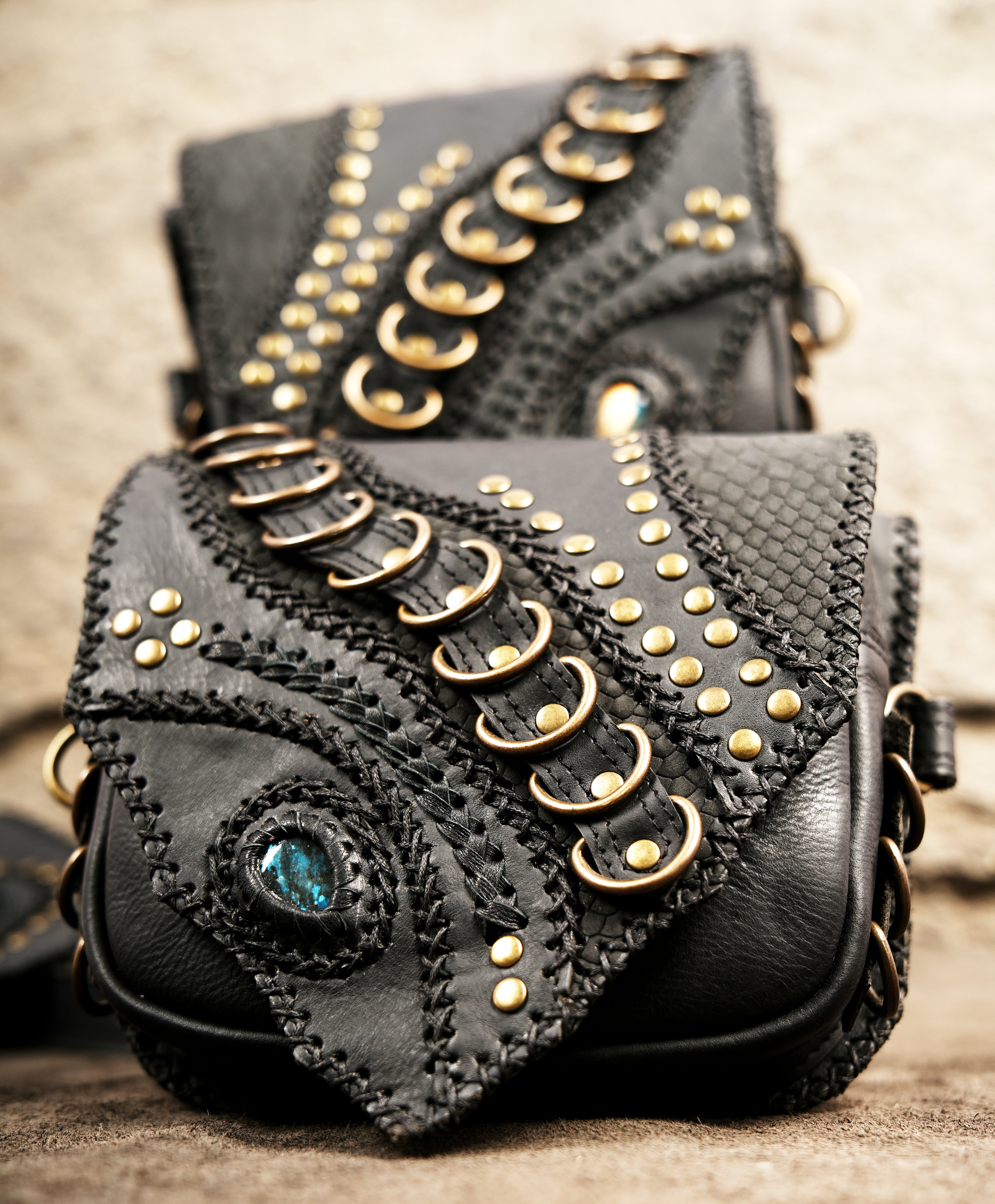 Leather Shoulder Holster Bag - Festival Utility Harness Vest with Labradorite Stone & Antique Brass Hardware