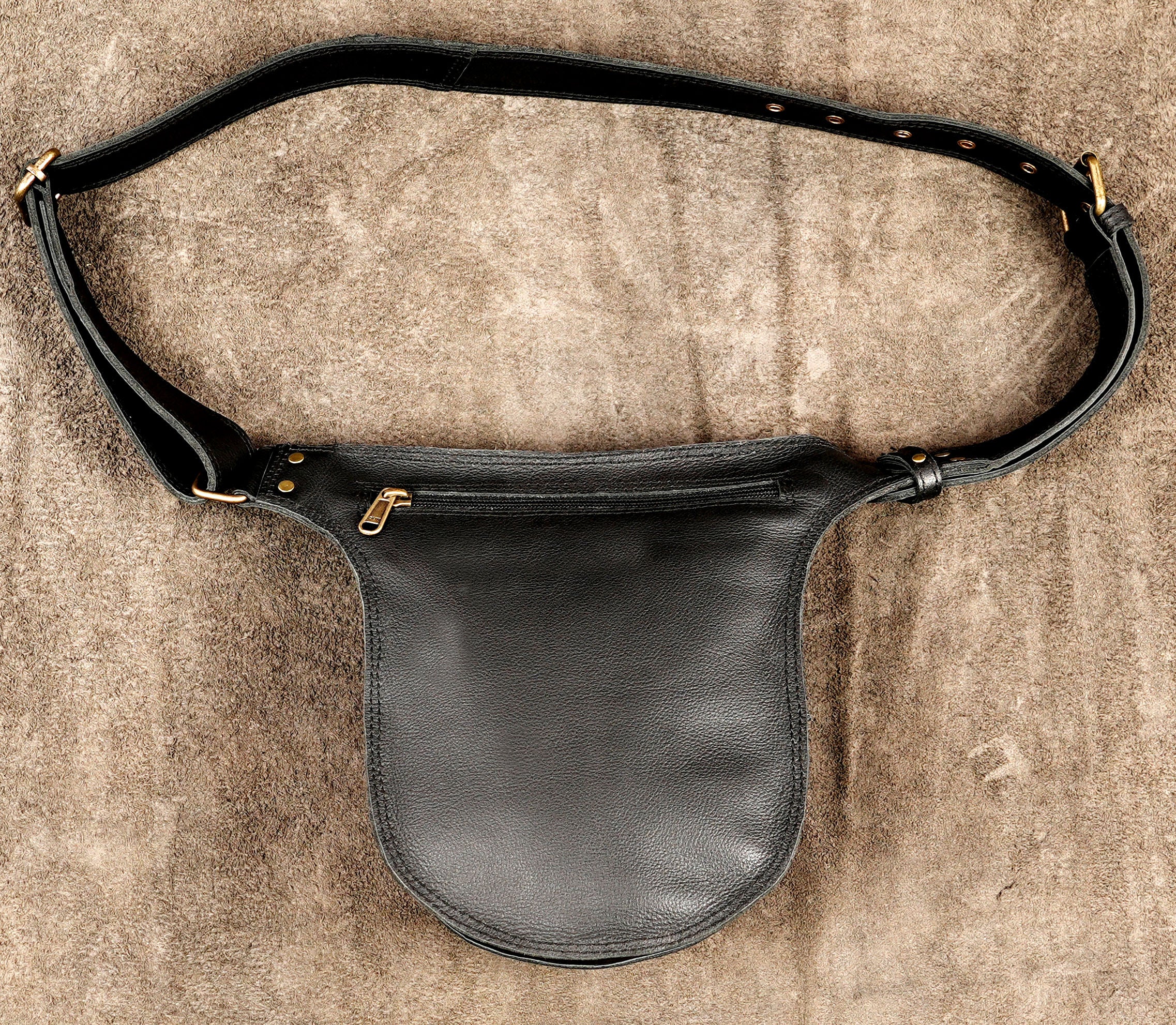 Handmade Leather Hip Bag with Labradorite Stone and Brass Studs – Boho Waist Bag with Braided Detail, Adjustable Belt Pouch