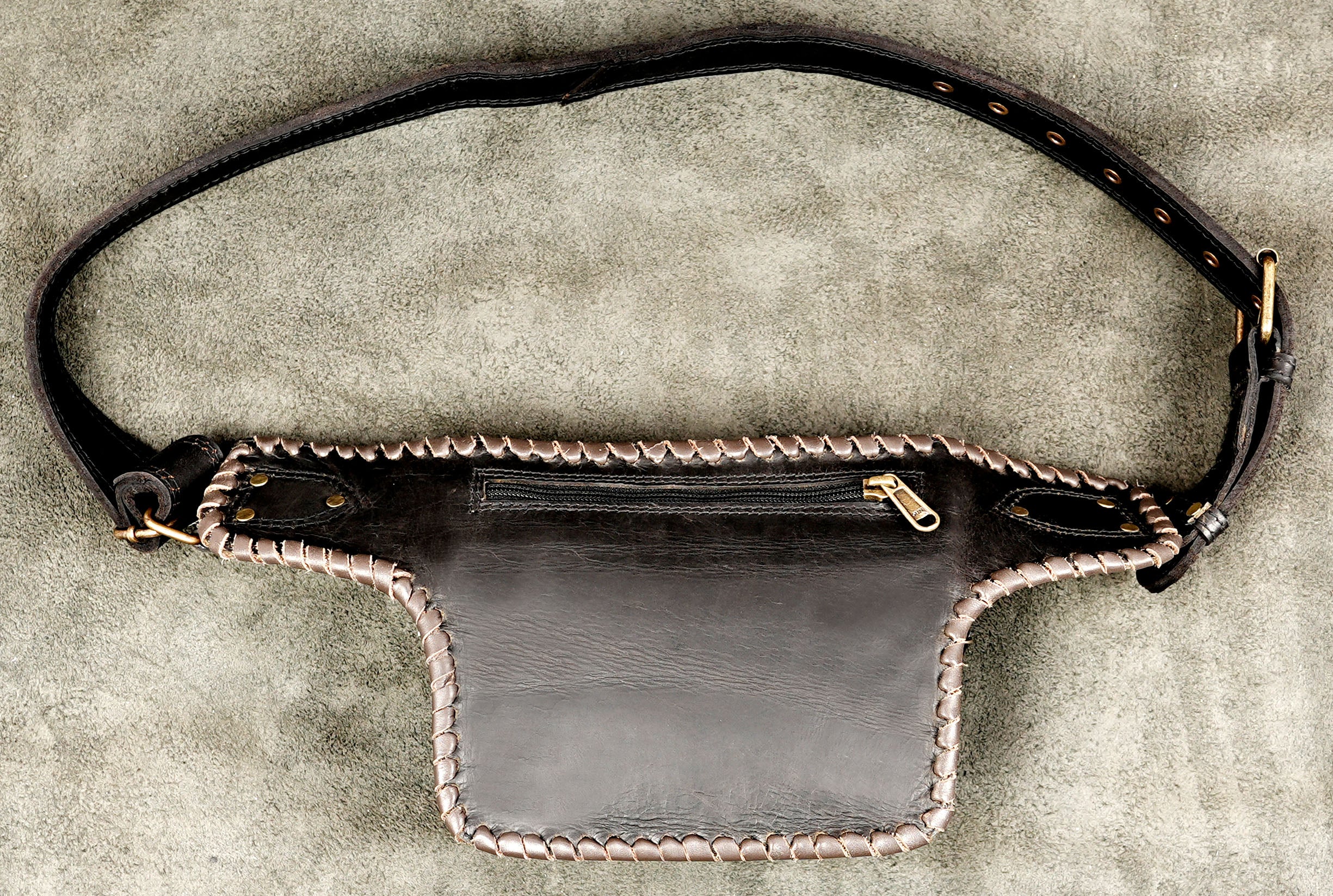 Rustic black leather waist pouch belt