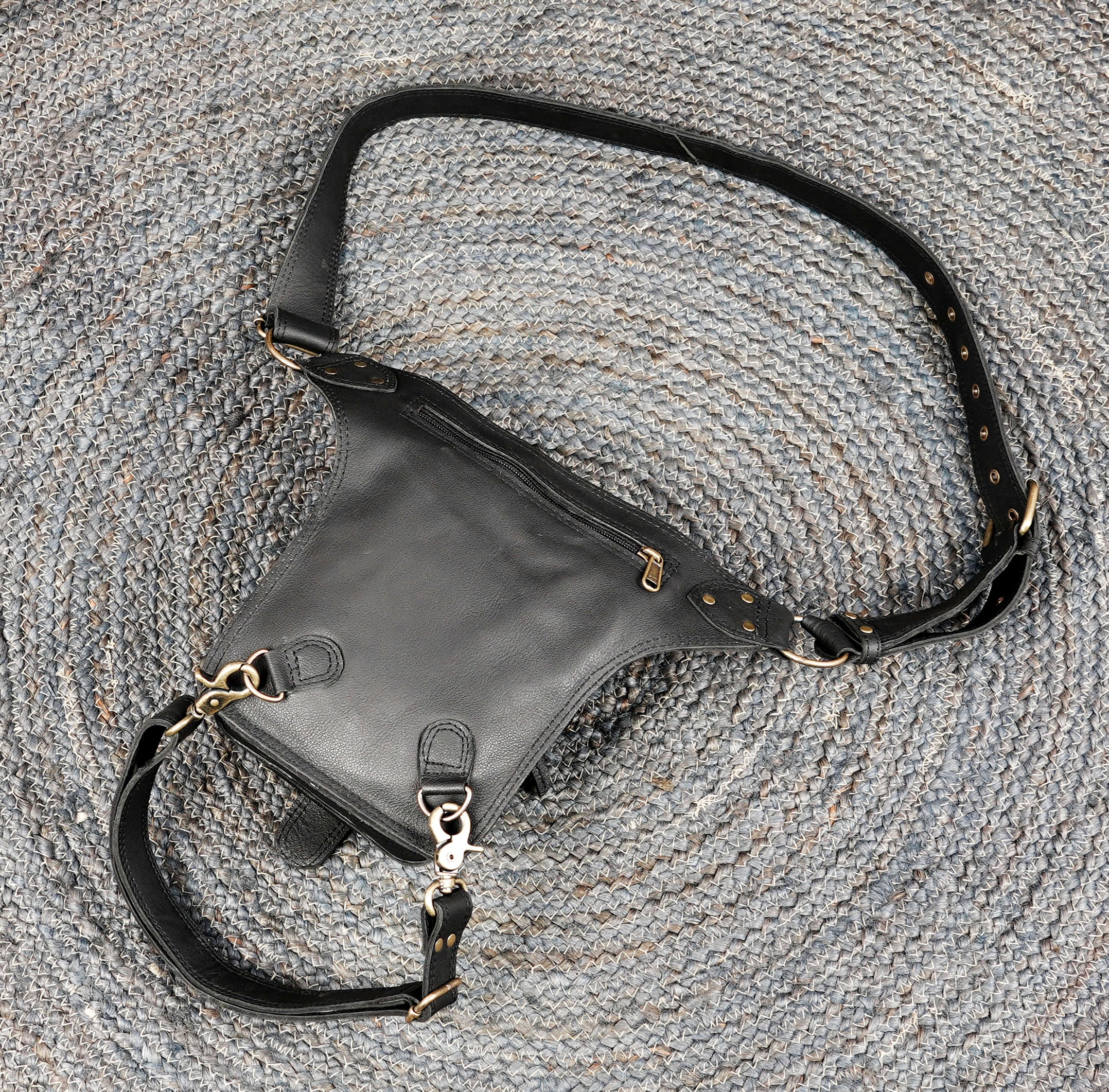 Black leather thigh harness belt with utility pouch