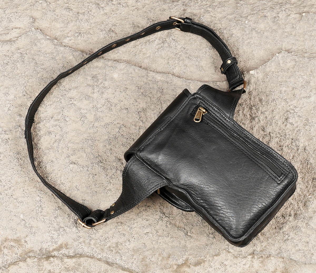 Black Leather Utility Belt Bag Crossbody Waist Pouch Festival Hip Pack Unisex