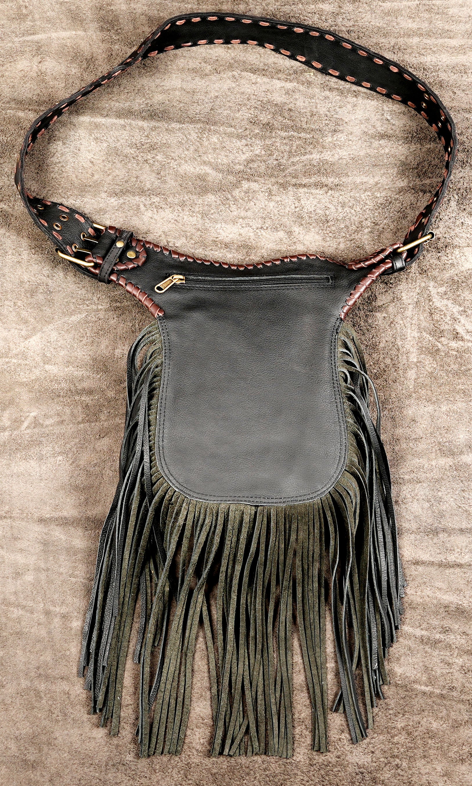 Black Leather Fringe Waist Belt Bag with Cow Print Detail and Antique Brass Hardware