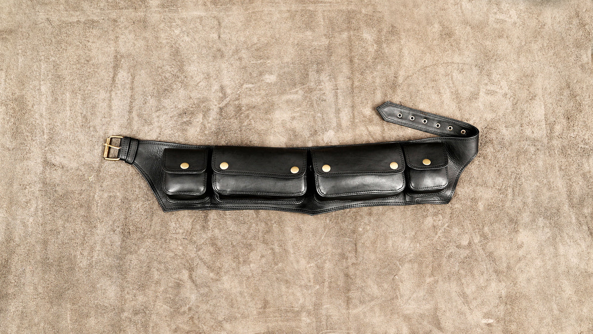 Black leather utility belt with multiple snap-button cargo pockets