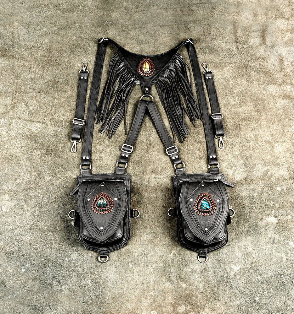 Black leather holster harness with fringe yoke and two labradorite stone hip pouches