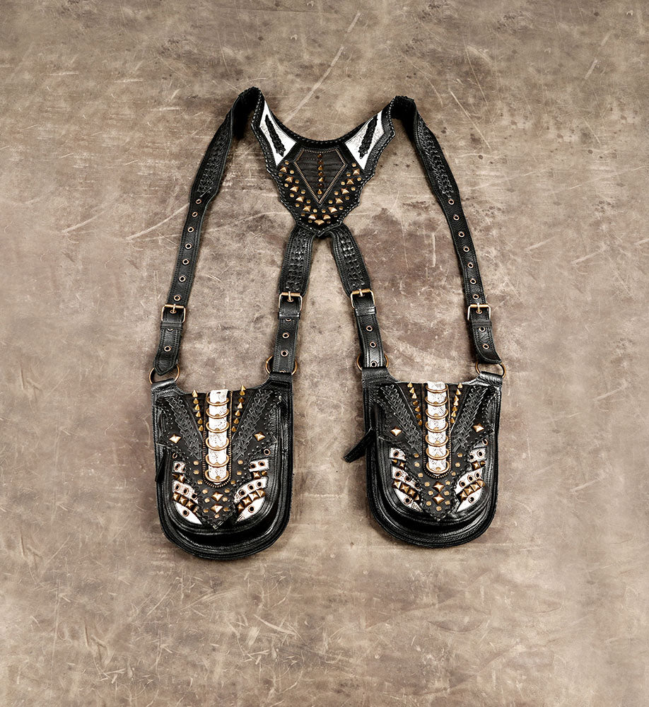 Black leather festival holster bag with metallic studs and multi-pockets