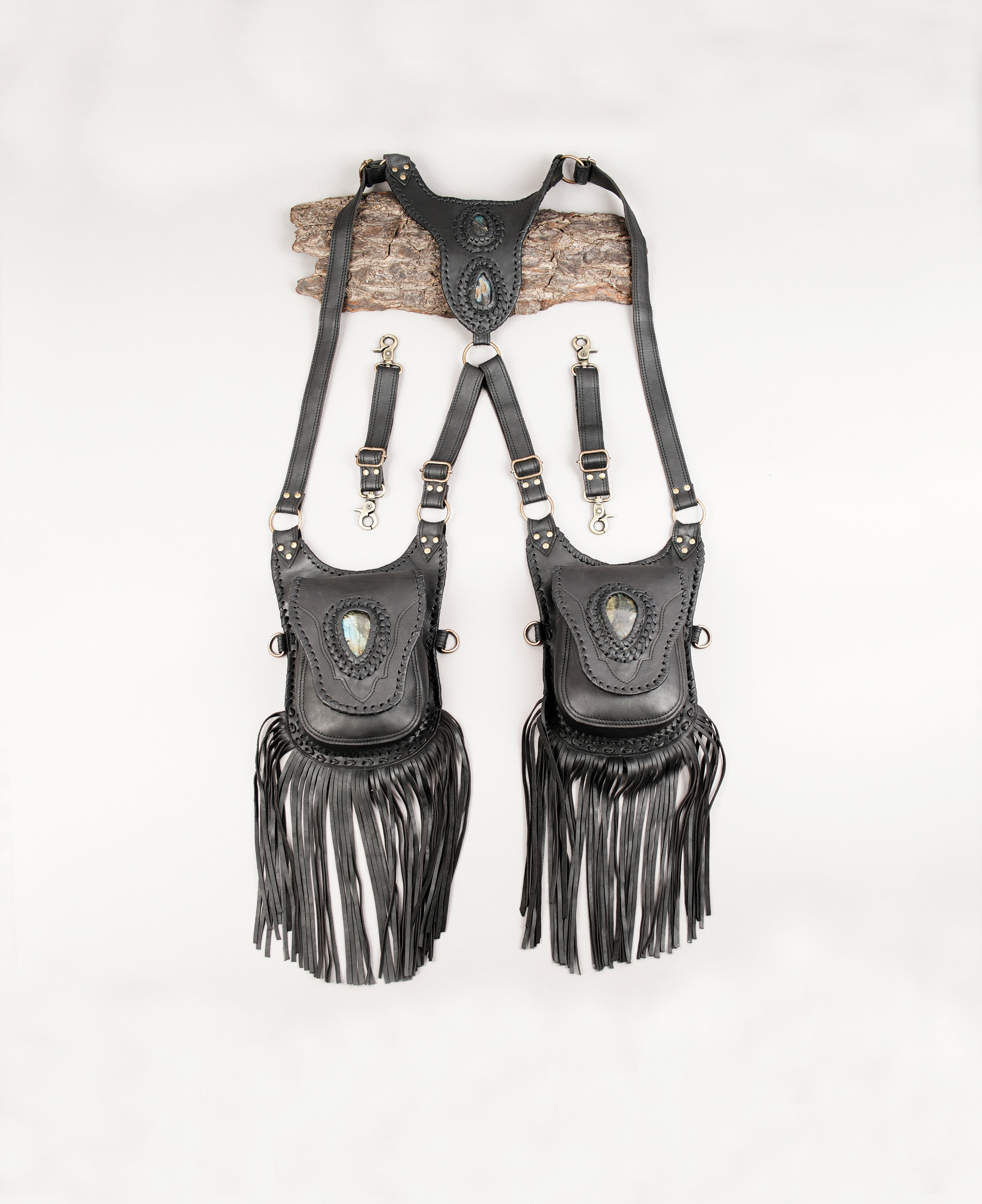 Leather utility holster bag with gemstone detail and artisan look