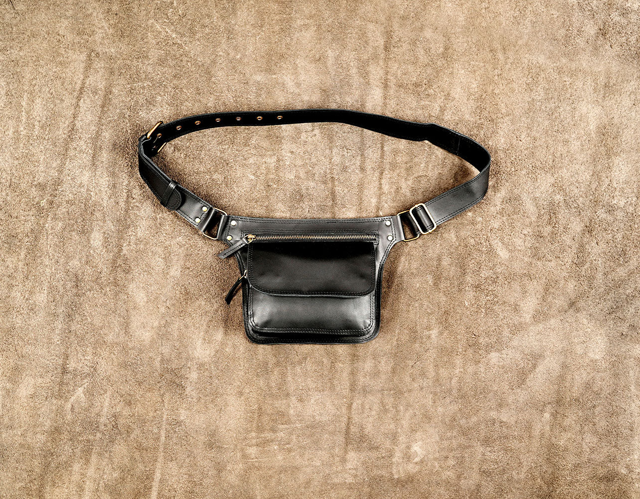 Handmade black leather hip bag with adjustable buckle waist strap