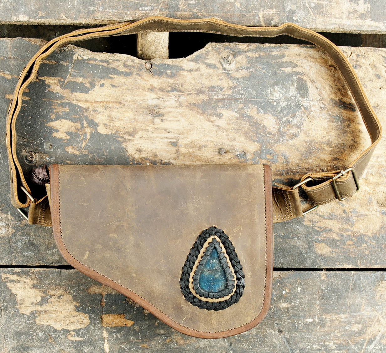 Handmade White Leather Hip Bag with Labradorite Stone – Braided Trim Waist Bag, Adjustable Belt Pouch for Men and Women