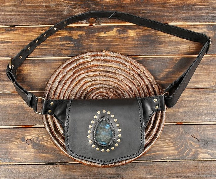 Handmade Leather Waist Bag Labradorite Stone Braided Belt Pouch Boho Festival Unisex