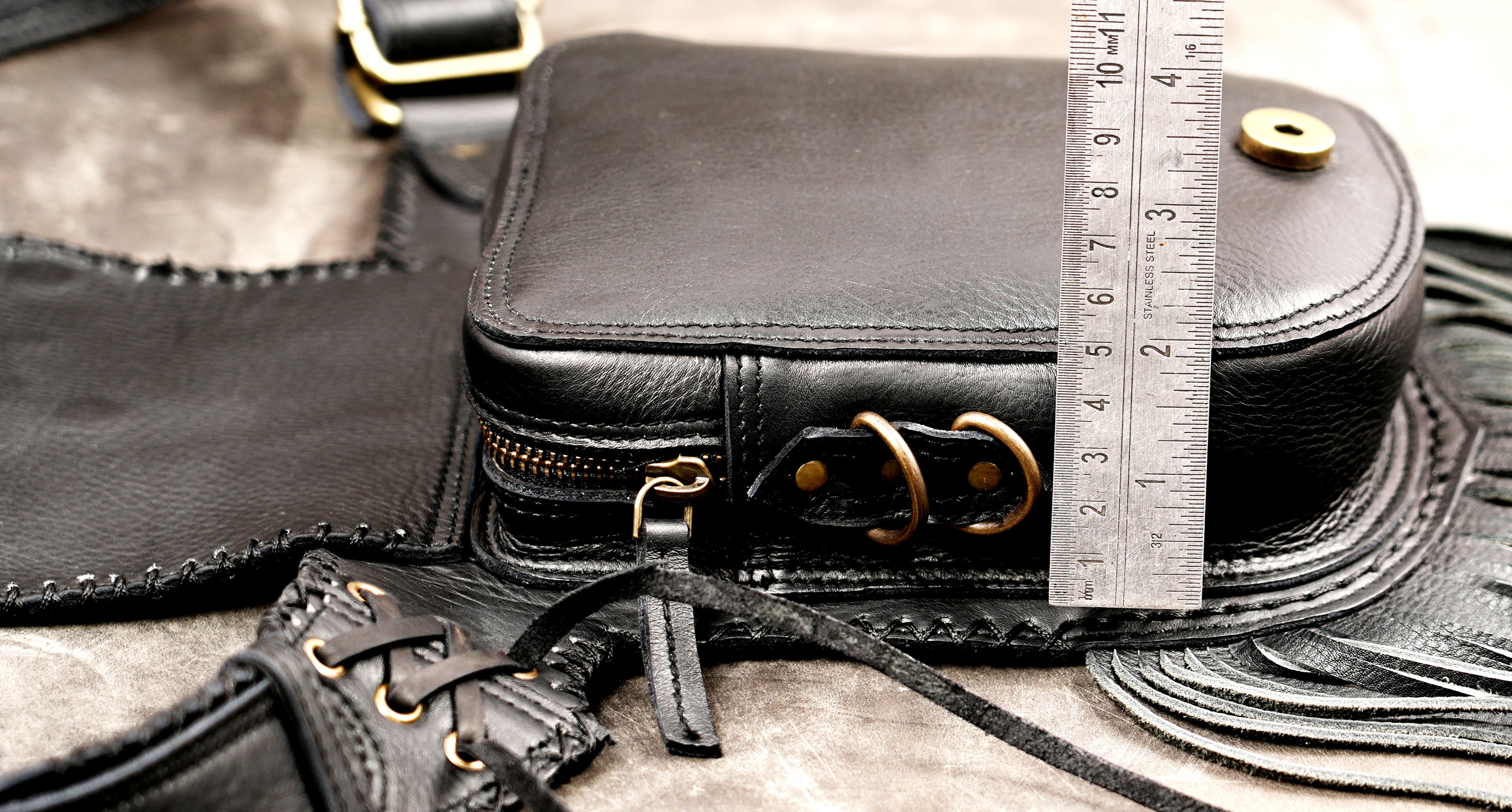 Black leather Renaissance belt with long fringe