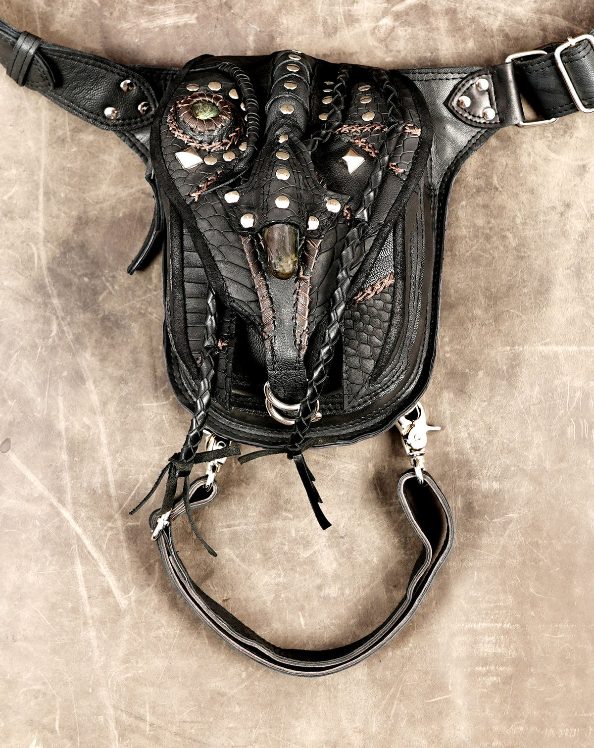Gothic leather waist bag and thigh holster for festival wear