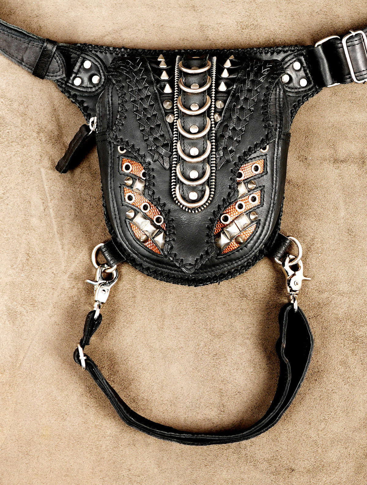 Handmade leather hip pouch with adjustable waist belt and leg strap