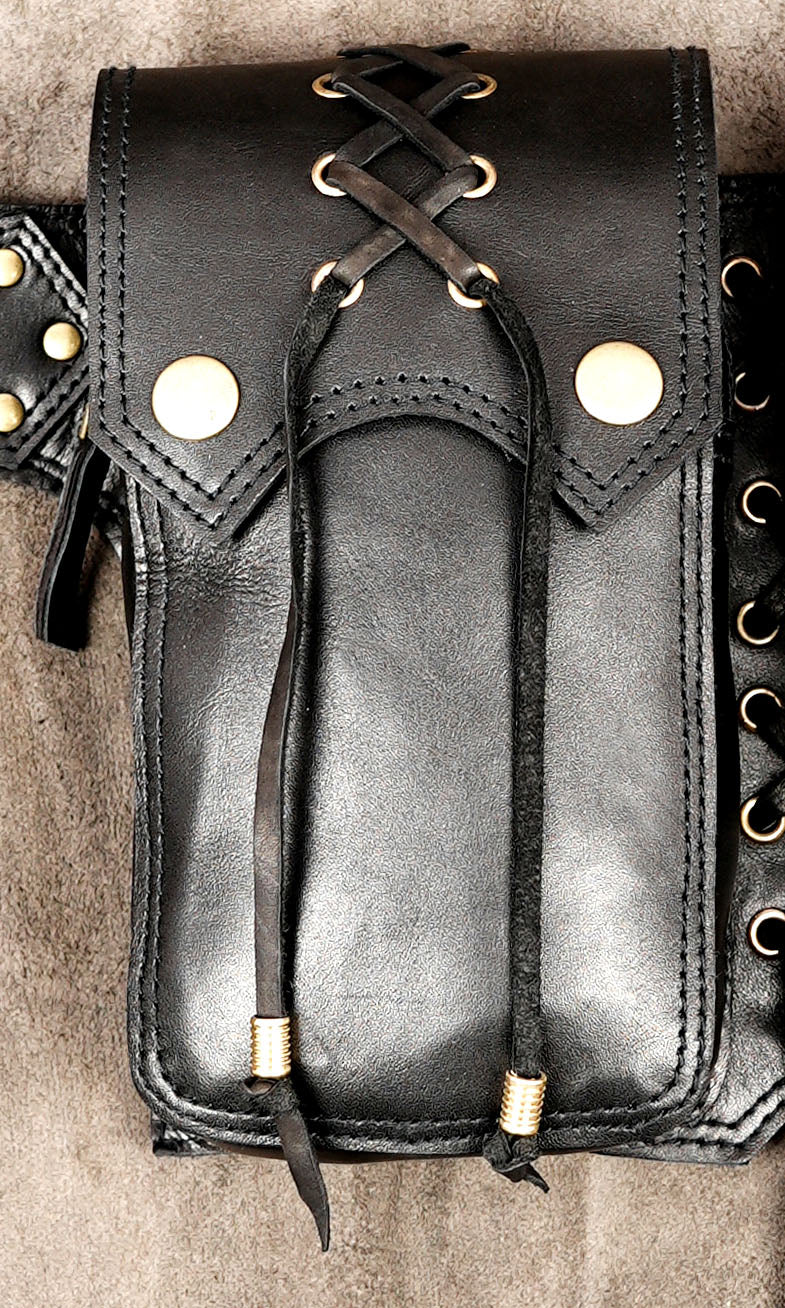 Black leather multi pouch belt for men and women
