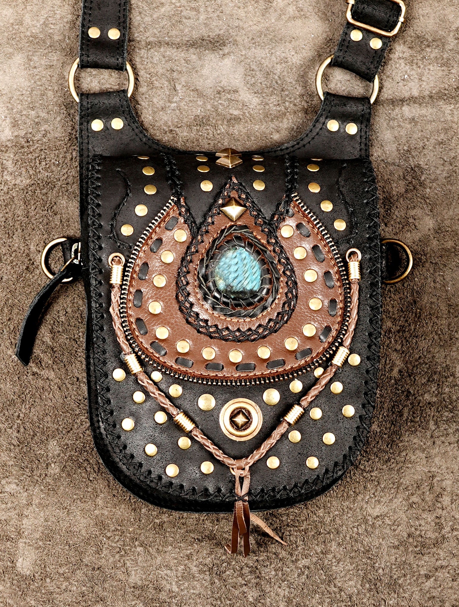 Handmade Leather Shoulder Bag Holster with Labradorite Stone