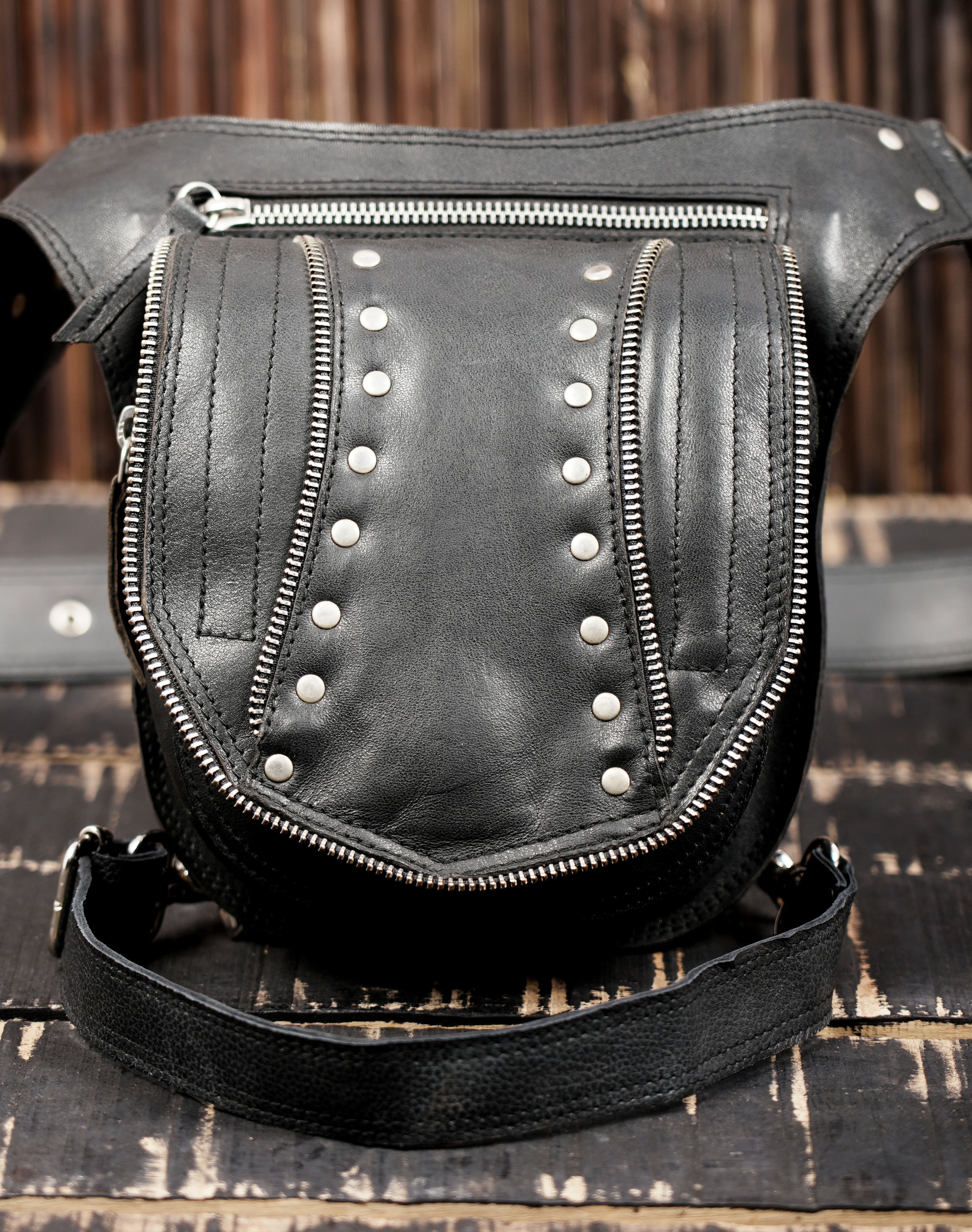 Black leather waist thigh belt with zipper pouch || Unisex leather waist thigh belt with front pouch (LT/NS/WBTS/6005)