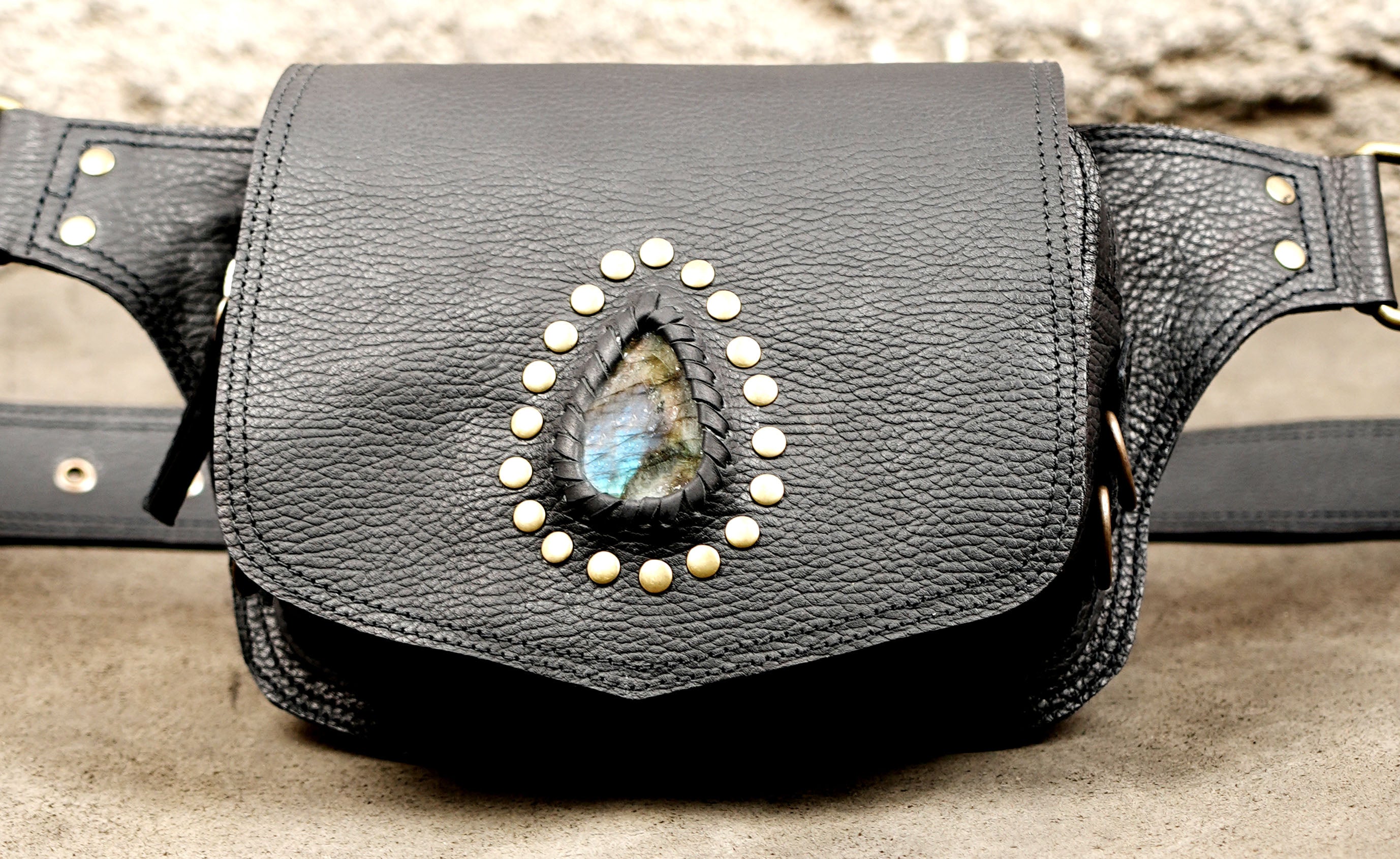 Handmade Leather Hip Pouch with Gemstone Centerpiece