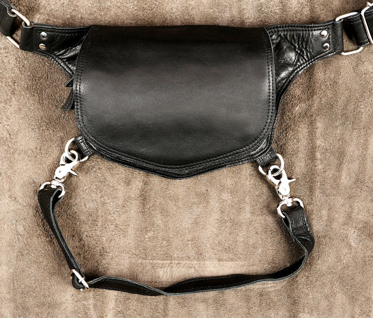 Genuine leather waist to thigh holster bag with sturdy silver hardware for everyday alternative wear