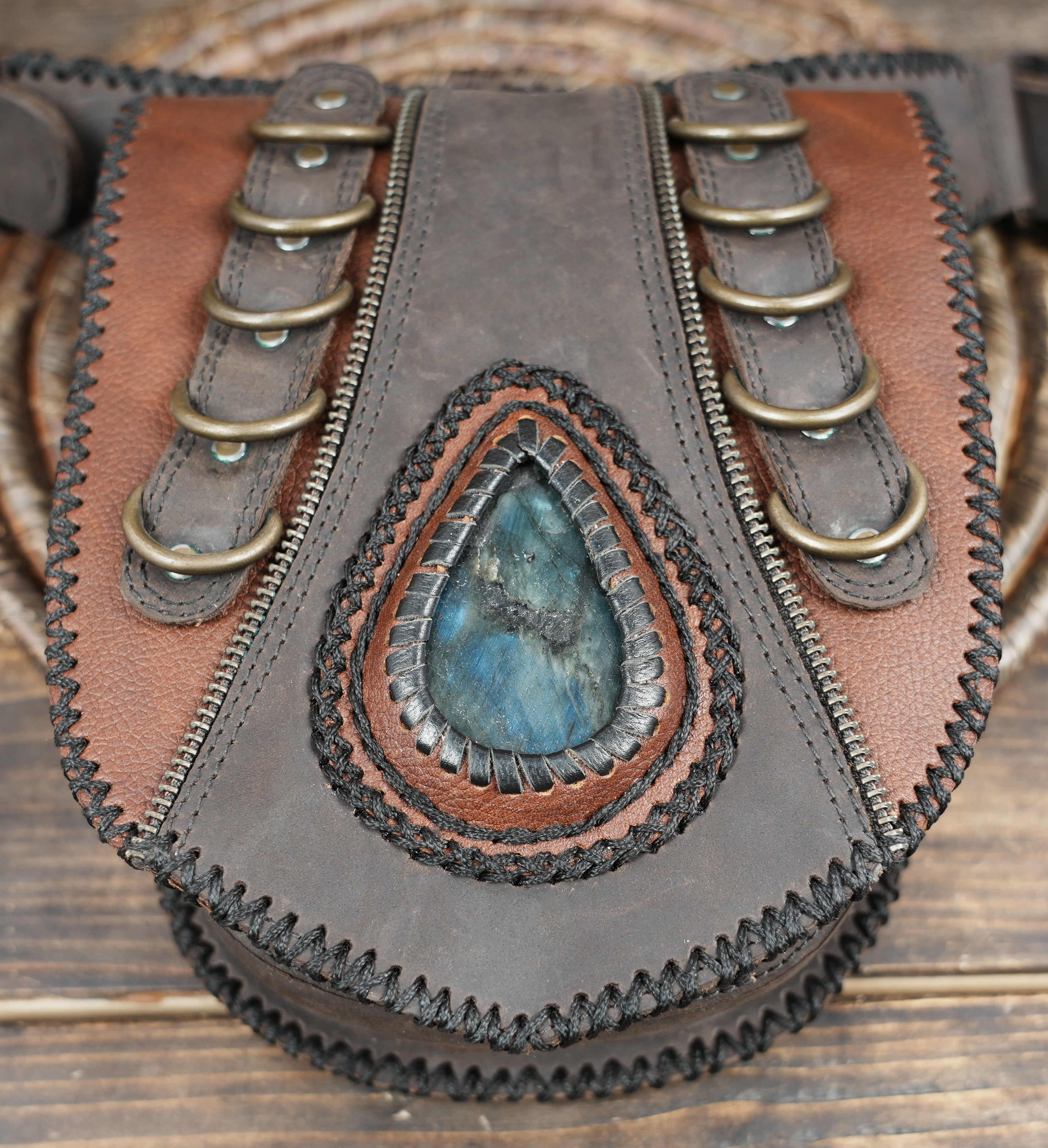 Brown Leather Waist Belt Bag Labradorite Stone Festival Hip Pouch Antique Brass