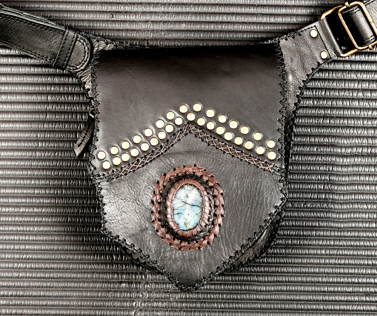 Black leather steampunk festival waist belt