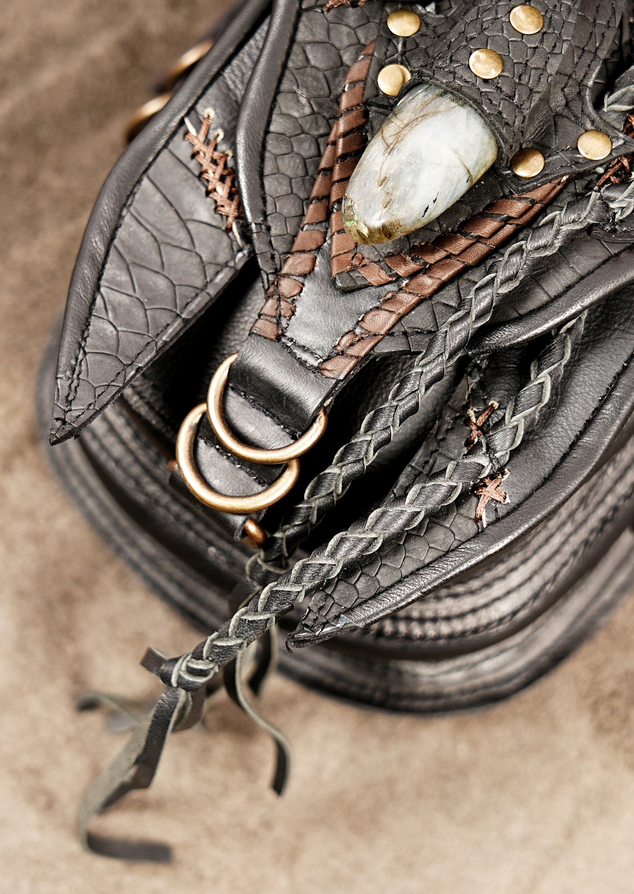 Gipsy style leather waist pouch with brass studs and natural stone inlay.
