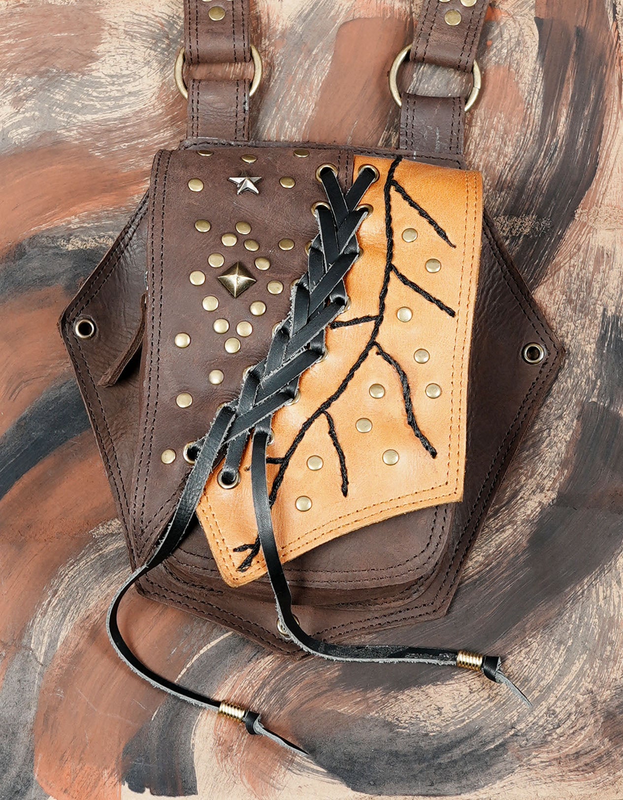 Handmade leather shoulder holster with dual pouches || Tribal leather chest rig with stud work || Travel leather utility shoulder rig (LT/AB/HLS/6060)