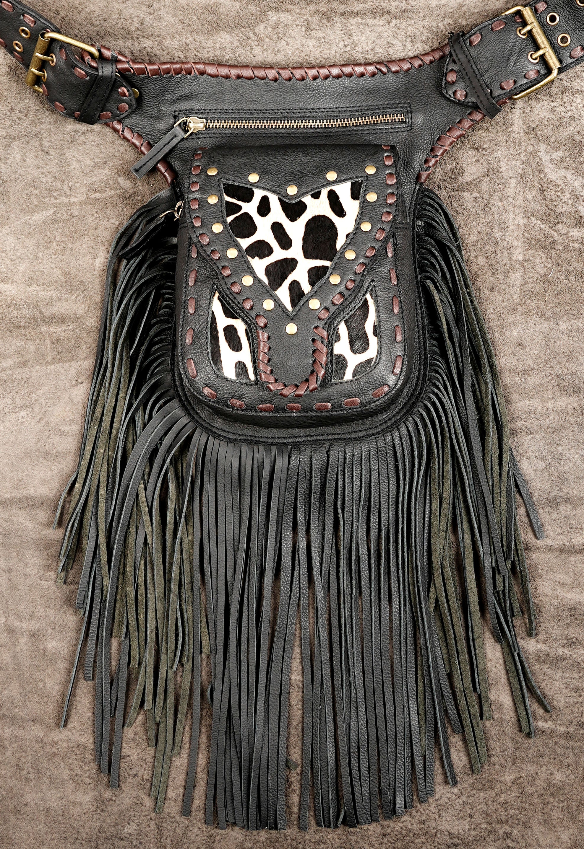 Black Leather Fringe Waist Belt Bag with Cow Print Detail and Antique Brass Hardware