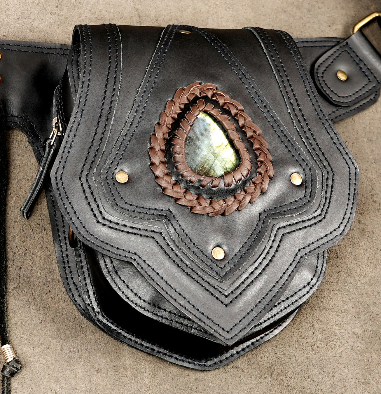 Boho leather waist belt with braided stone detail