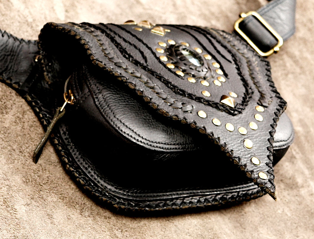 Boho leather utility belt with decorative stitching
