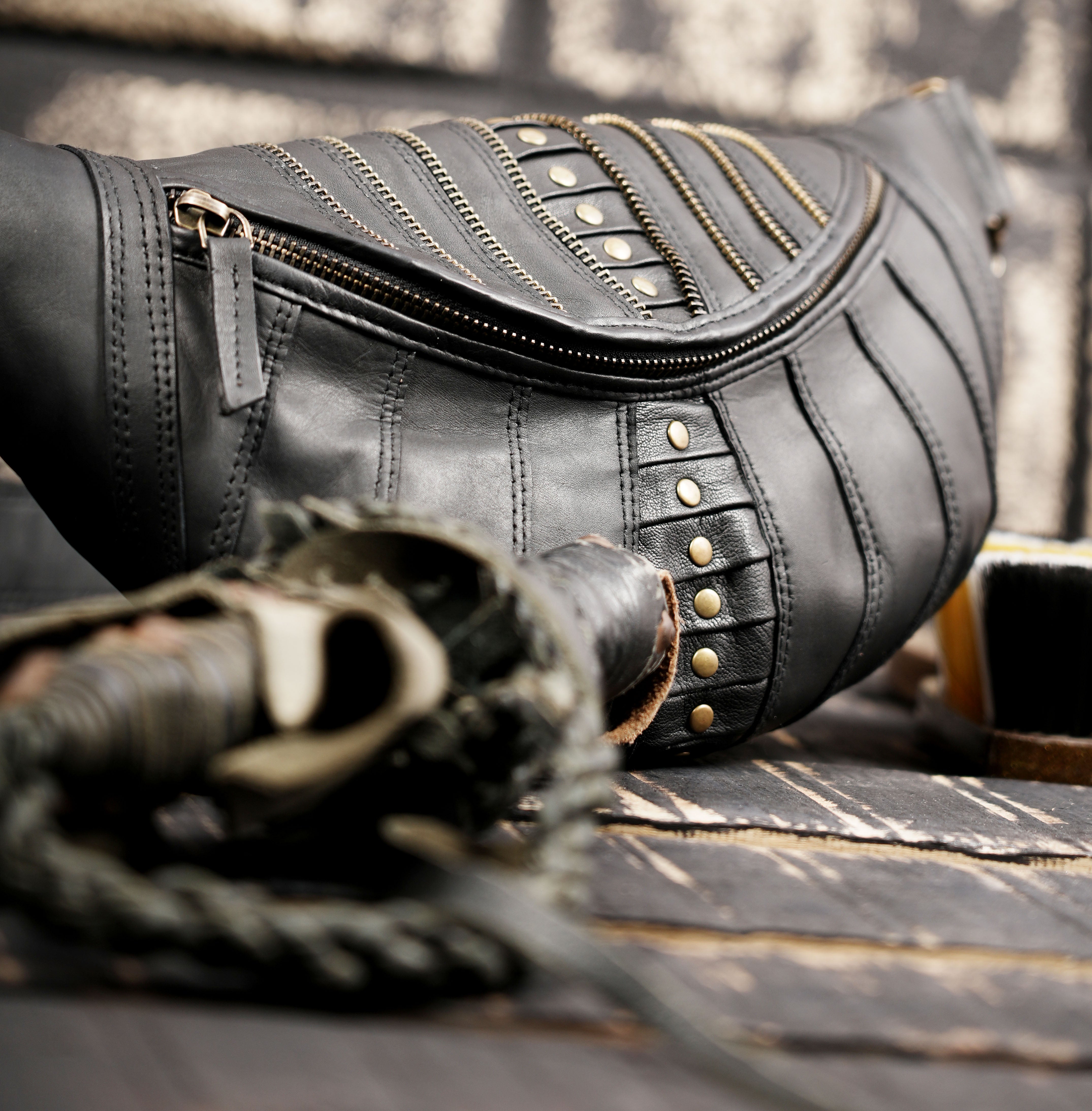 Handmade Black Leather Waist Shoulder Belt with Zipper Pouch || Leather Waist Shoulder Bag with Studded Detailing (LT/AB/SB/6011)