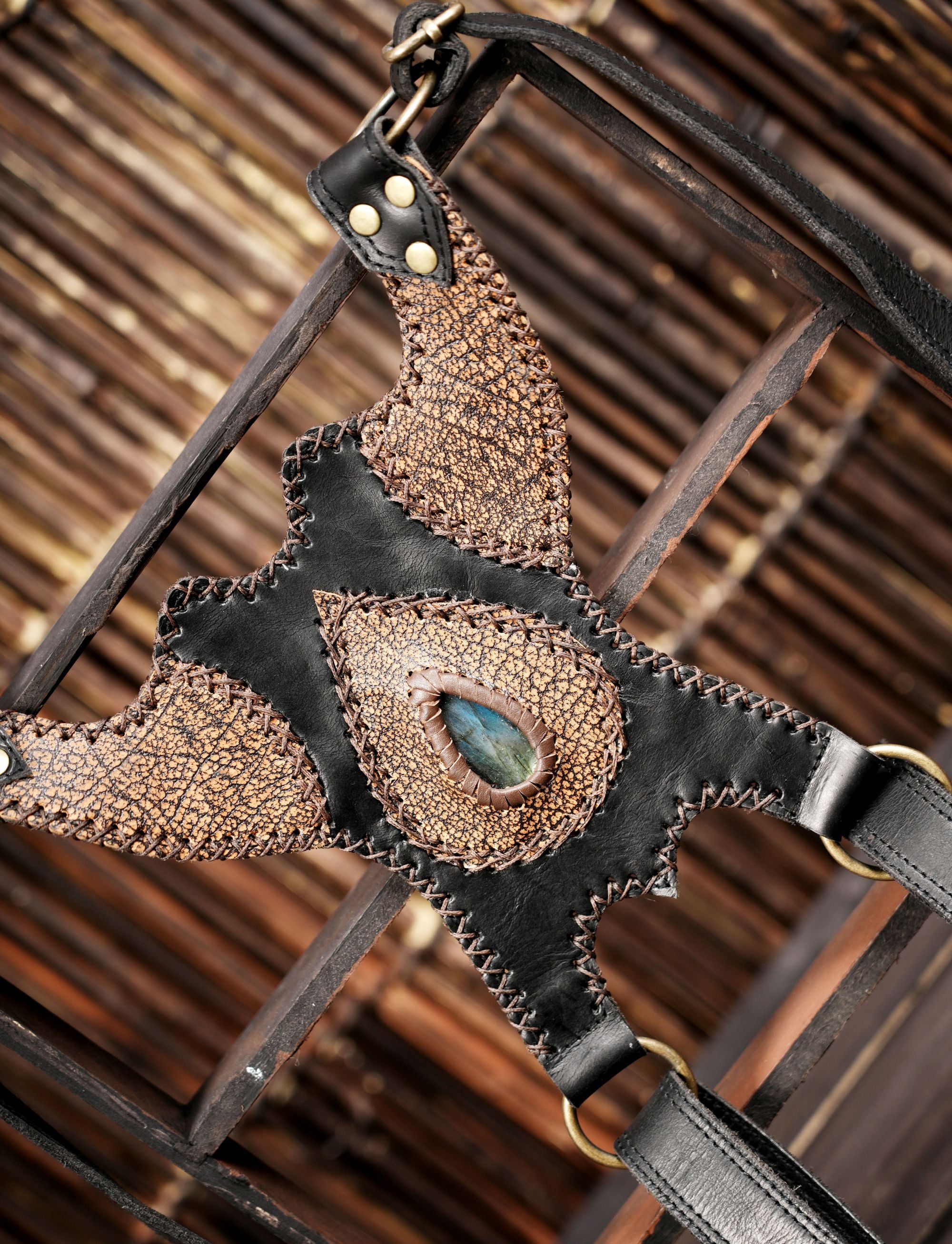 Boho style leather holster harness for travel and festival use